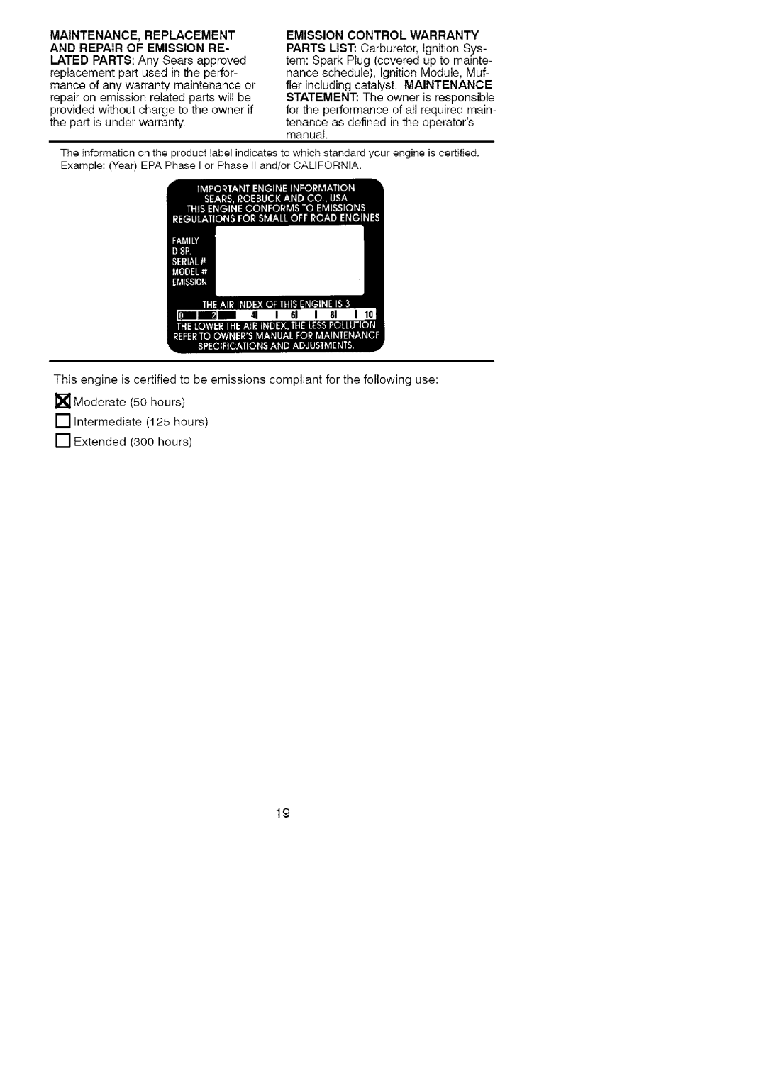 Craftsman 358.7958 manual MAINTENANCE, Replacement and Repair of Emission RE, Emission Control Warranty 