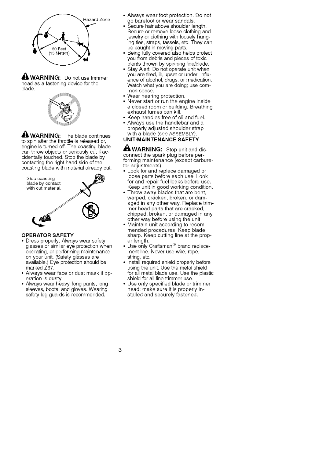 Craftsman 358.7958 manual Operator Safety, UNIT/MAINTENANCE Safety 