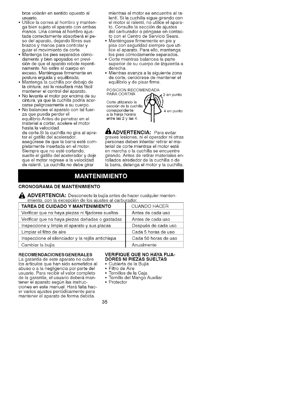 Craftsman 358.7958 manual Cronograma DE Mantenimiento, IADVERTENClA Para evitar, Tarea DE Cuidado Mantenimiento 