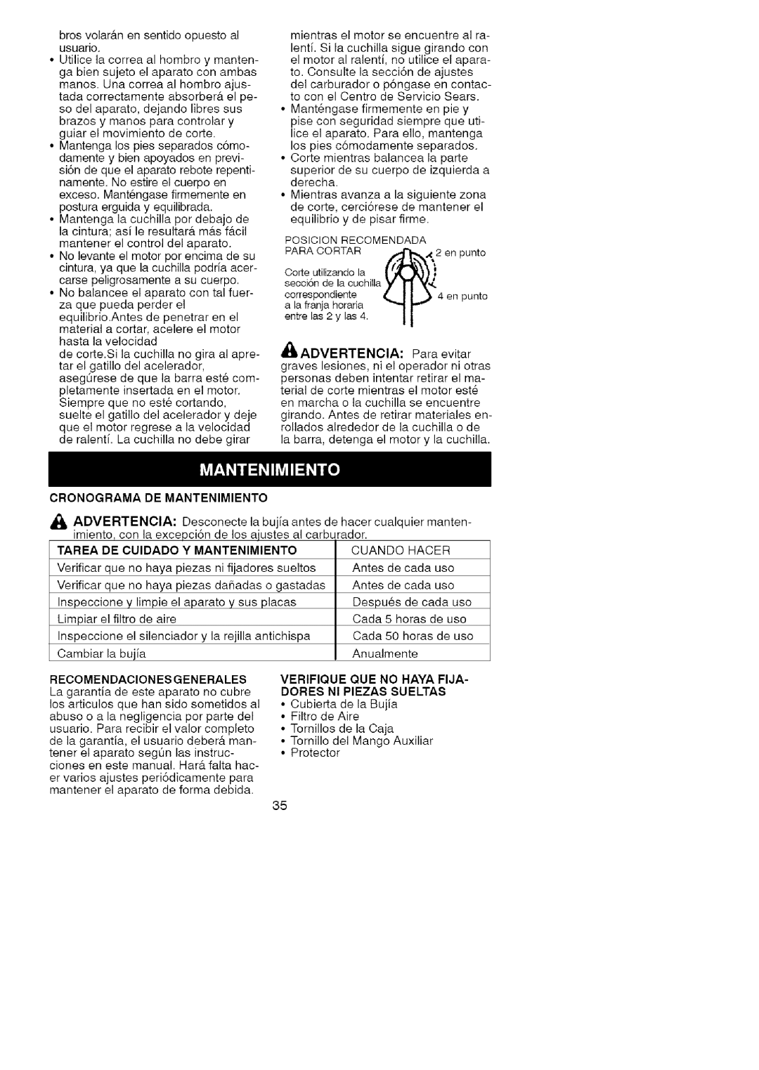 Craftsman 358.7958 manual Cronograma De Mantenimiento, Tarea, De Cuidado, Y Mantenimiento, Recomendaciones Generales 