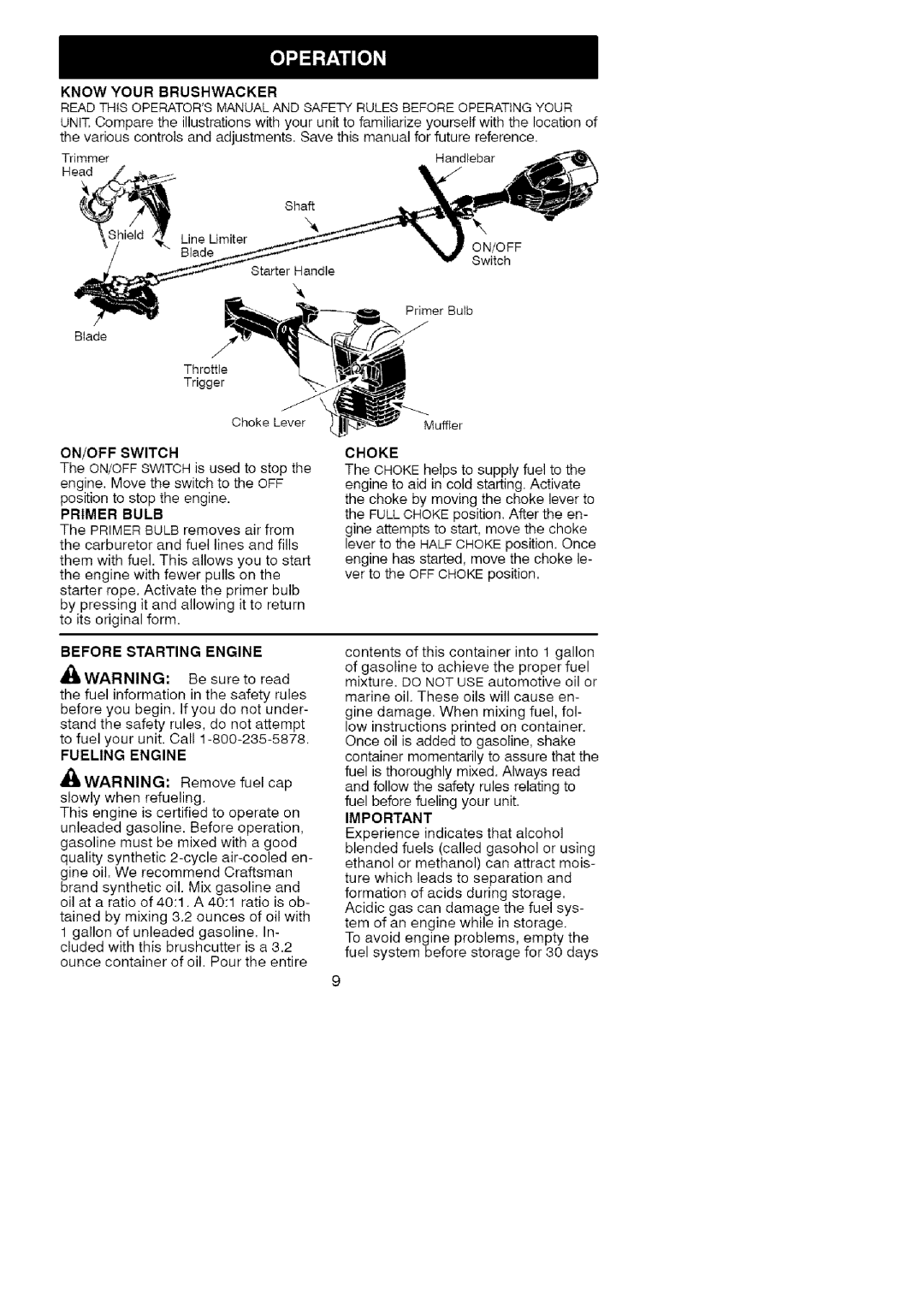 Craftsman 358.7958 manual Know Your Brushwacker, Primer Bulb, Before Starting Engine, Choke 