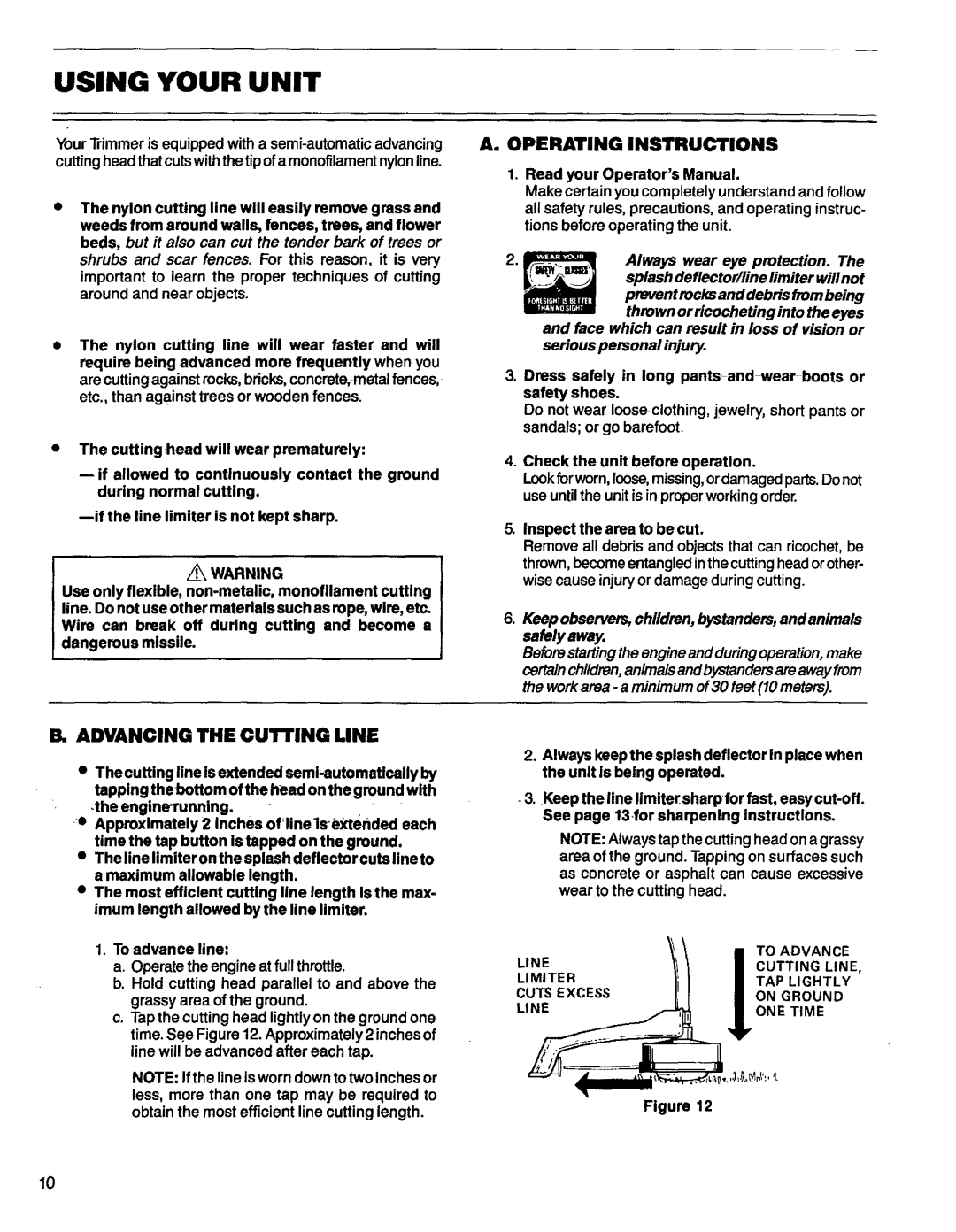 Craftsman 358.796131- 26.2CC operating instructions Using Your Unit, Operating Instructions, Advancing the Cutting Line 