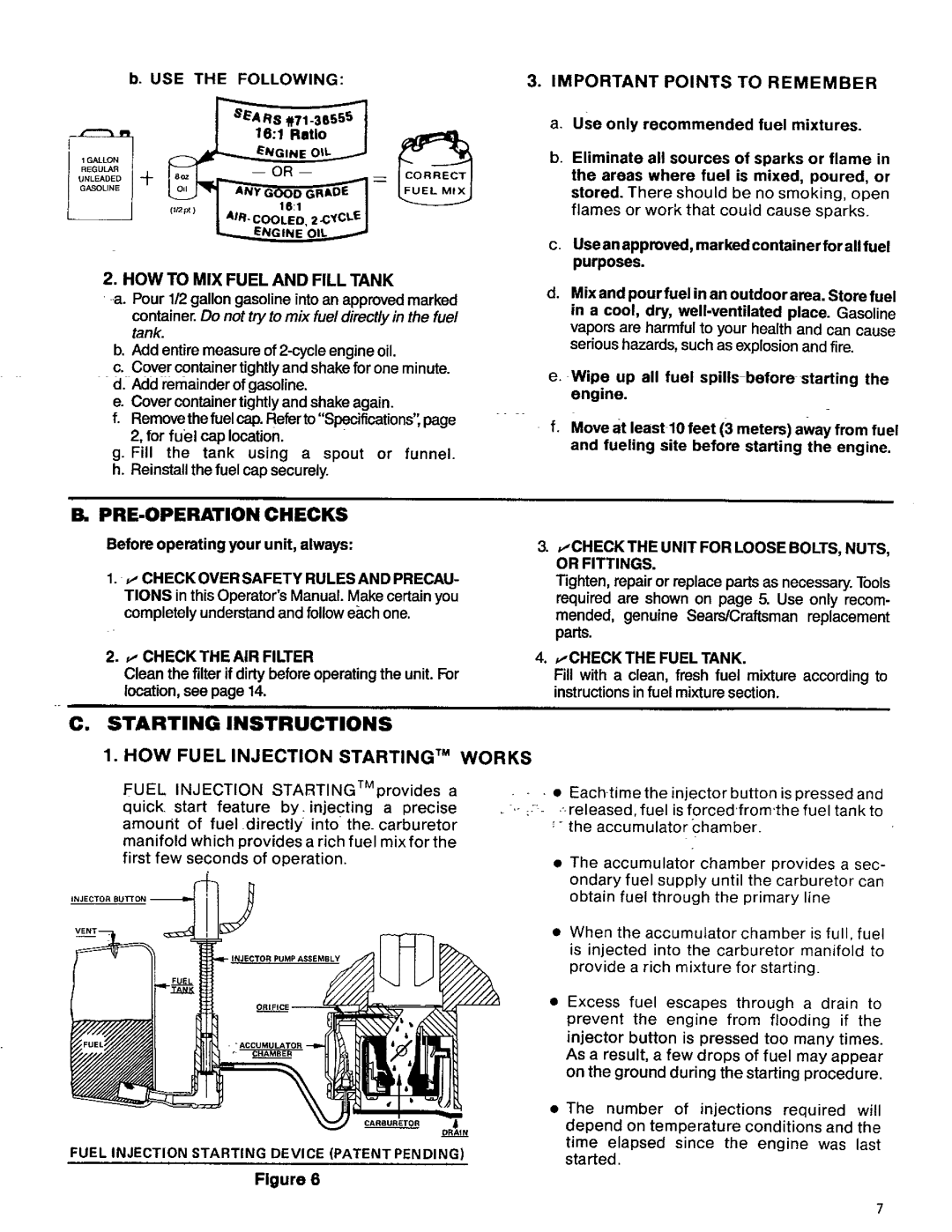 Craftsman 358.796131- 26.2CC PRE-OPERATION Checks, Starting Instructions HOW Fuel Injection Starting TM Works 