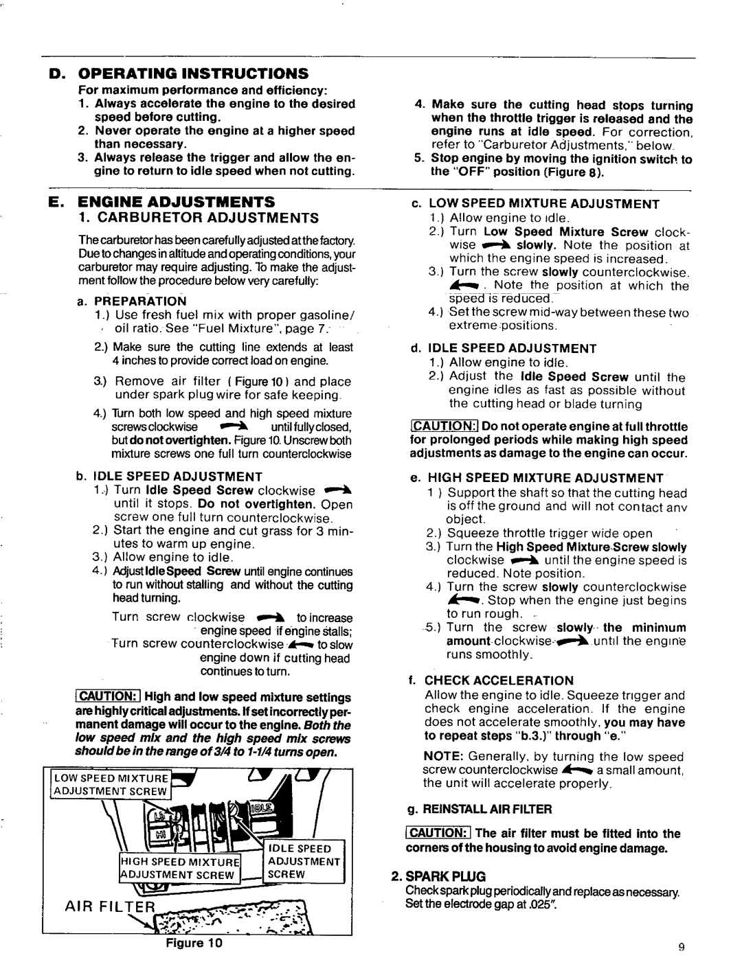 Craftsman 358.796131- 26.2CC operating instructions =OPERATING Instructions, Carburetor Adjustments, Spark Plug 