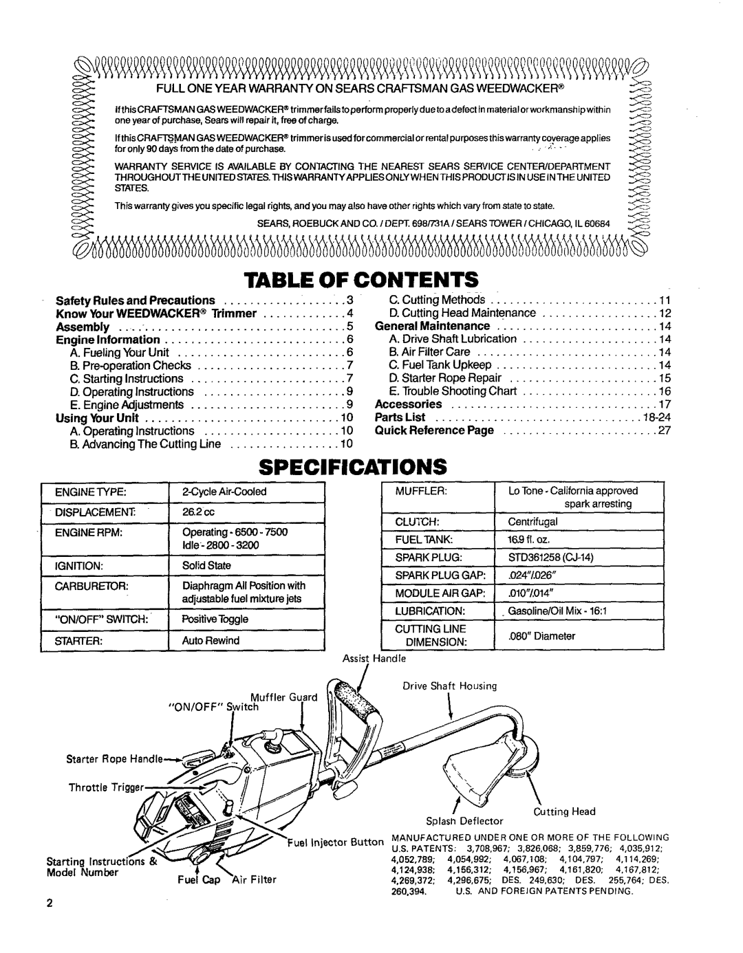 Craftsman 358.796131- 26.2CC operating instructions Table Of Contents, Specifications 