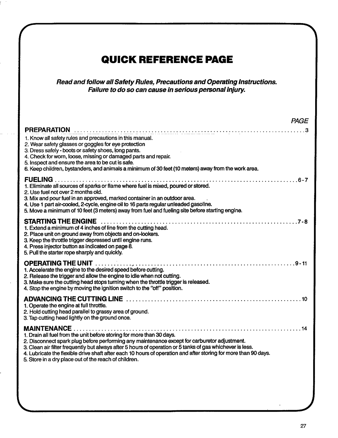 Craftsman 358.796131- 26.2CC operating instructions Quick Reference Page, Operating The Unit, Preparation 