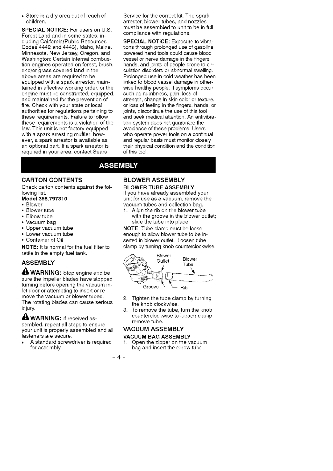 Craftsman 358.79731 instruction manual Carton Contents, Blower Assembly Blower Tube Assembly, Vacuum BAG Assembly 