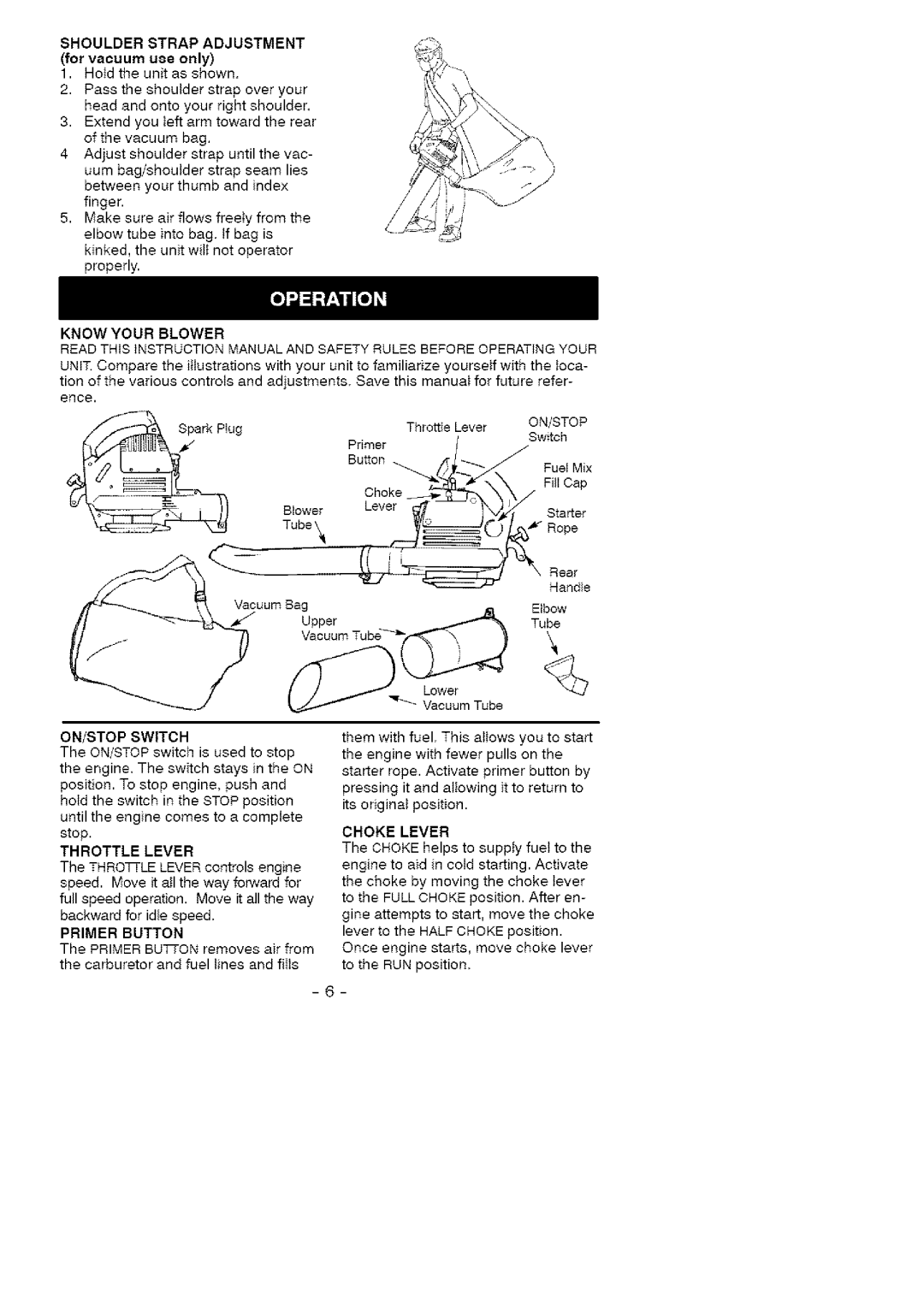 Craftsman 358.79731 Shoulder Strap Adjustment for vacuum use only, Know Your Slower, Fuet Mix, Primer Button 