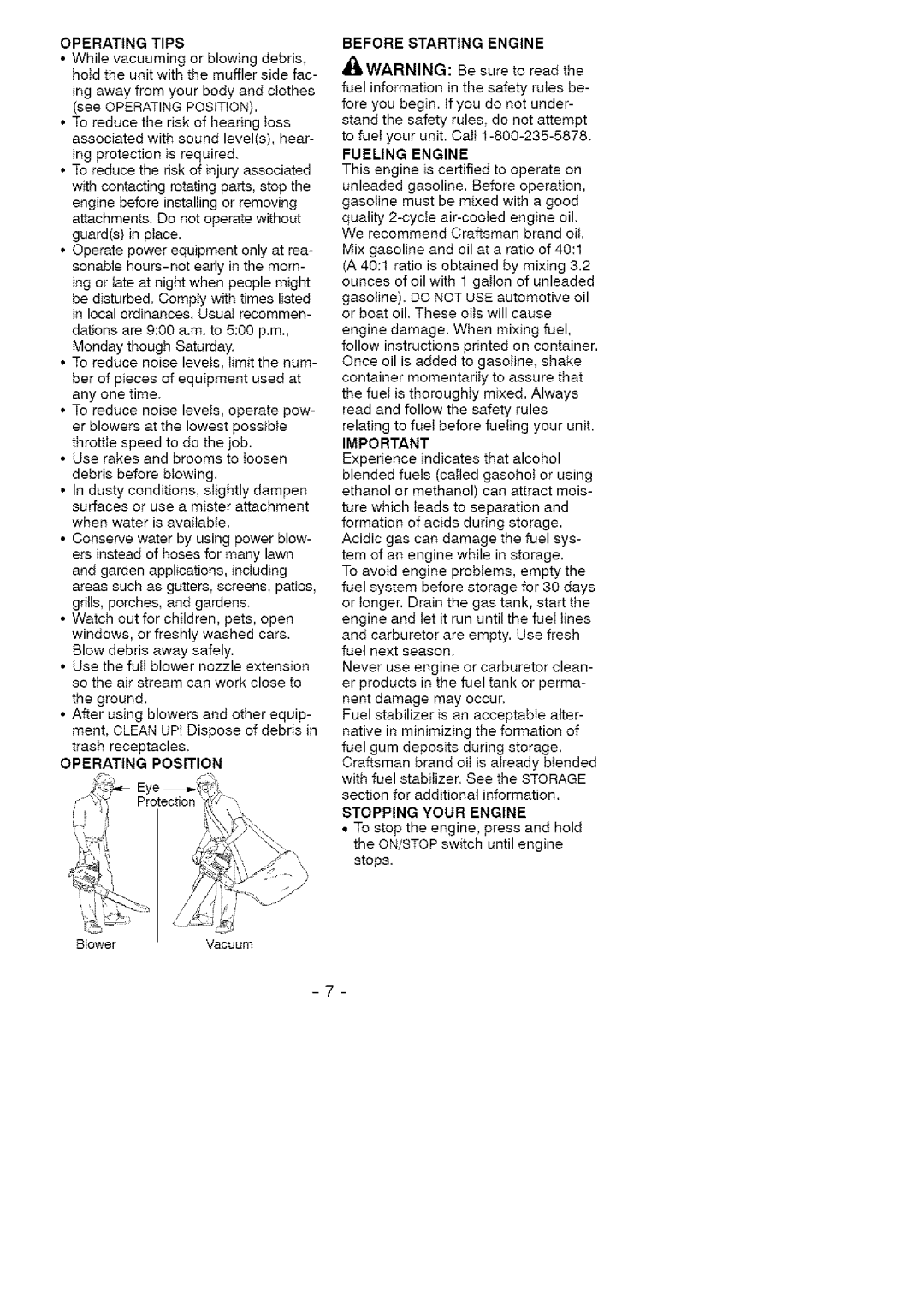 Craftsman 358.79731 Operating Tips, Operating Position, Before Starting Engine, Fueling Engine, Stopping Your Engine 