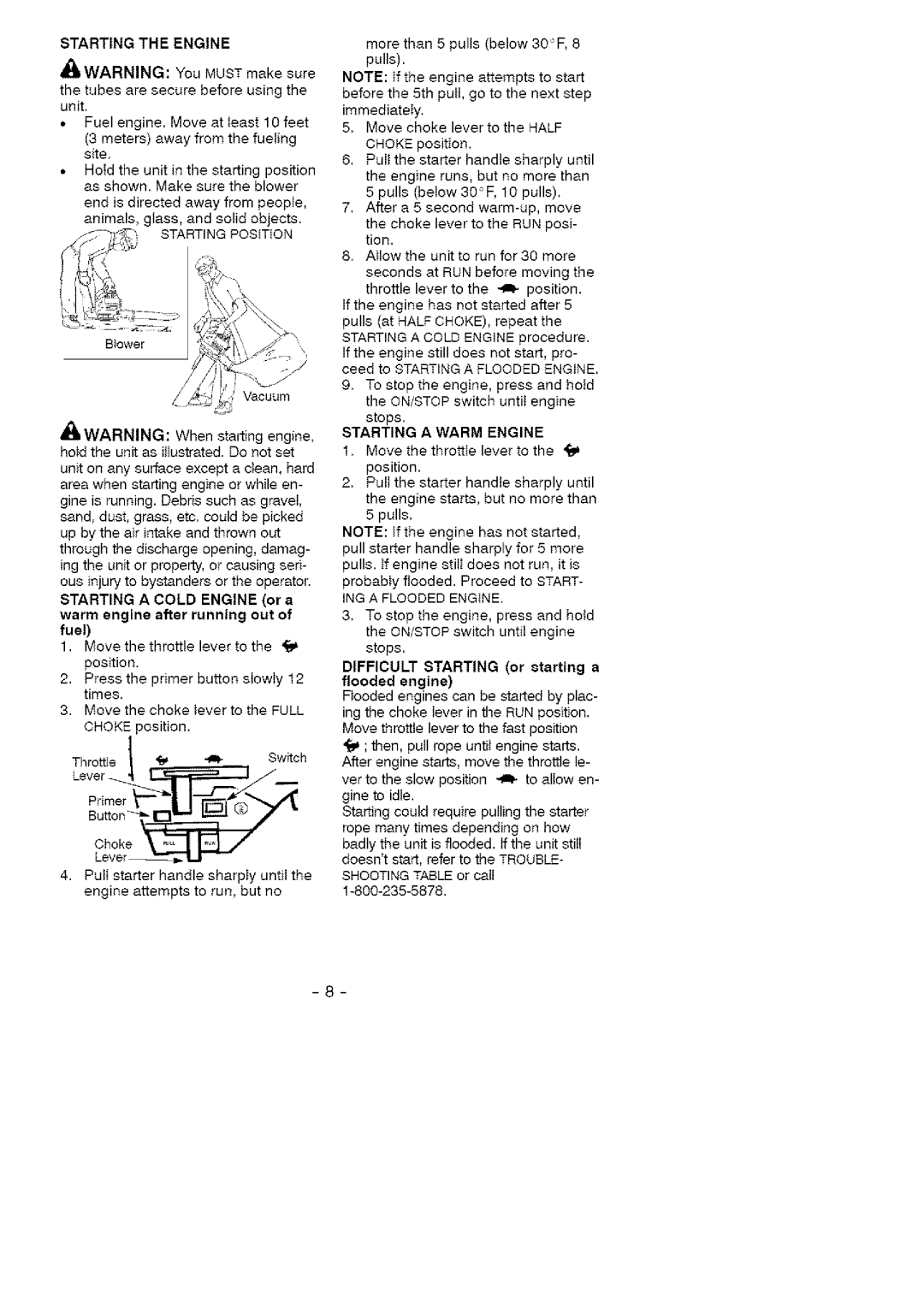 Craftsman 358.79731 instruction manual Starting Engine 