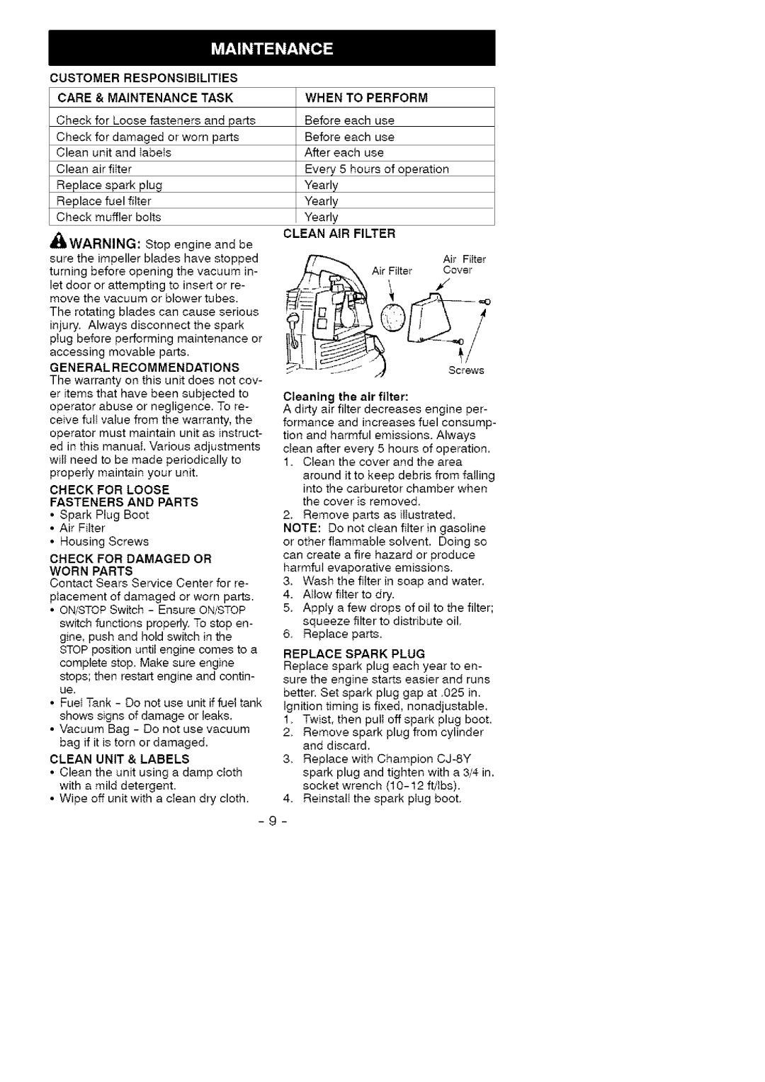 Craftsman 358.79731 Check for Loose Fasteners and Parts, Check for Damaged or Worn Parts, Clean Unit & Labels 