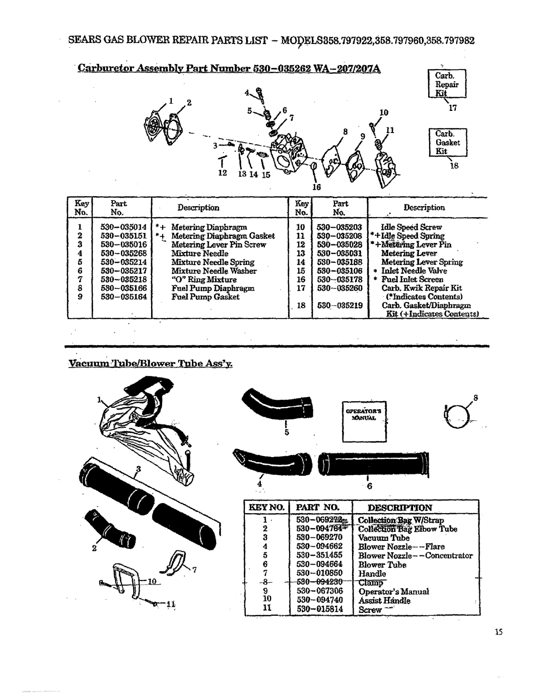 Craftsman 358.797950, 358.797982, 358.797921 +z spe spr, Carburet0r Assembly Part Number 530-035262WA-207/20,TA, LeverPh 