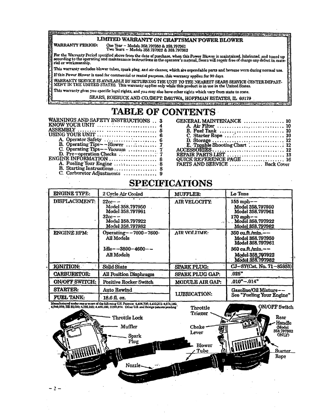 Craftsman 358.797922, 358.797982, 358.797921, 358.797950 manual Contents 