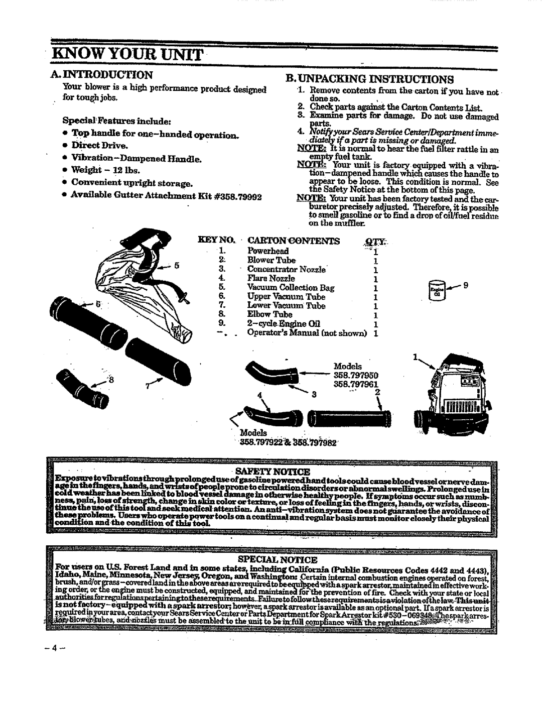 Craftsman 358.797982, 358.797921, 358.797922 Introduction, Direct Driv, Unpacking Instructions, Checkparts Carton Contents 