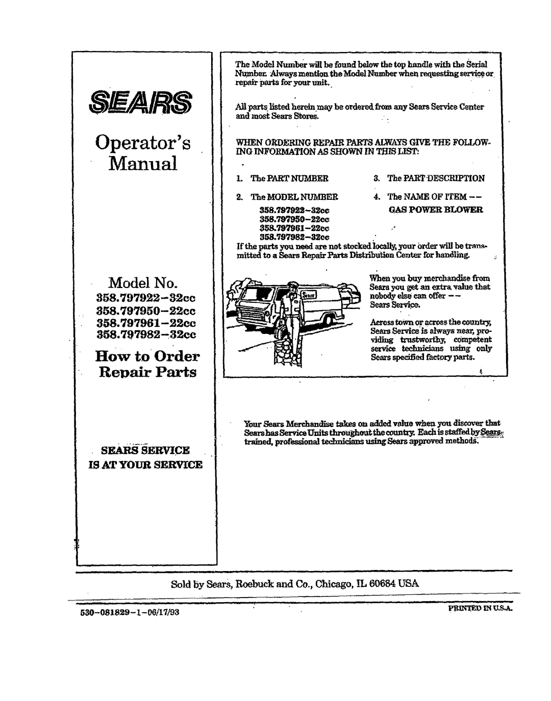 Craftsman 358.797921 Operators Manual, Revair Parts, Model No, HOW to Order, Sf Rs-Sfwce, 358.797982--32cc, SearsSerd 