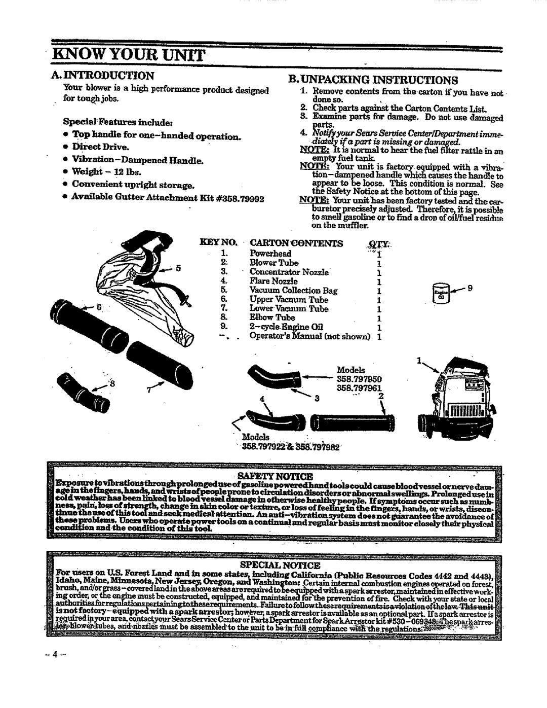 Craftsman 358.797982, 358.797921 manual Know Your D Cit, A.Introduction, Direct Driv, B. Unpacking, Instructions, Checkparts 