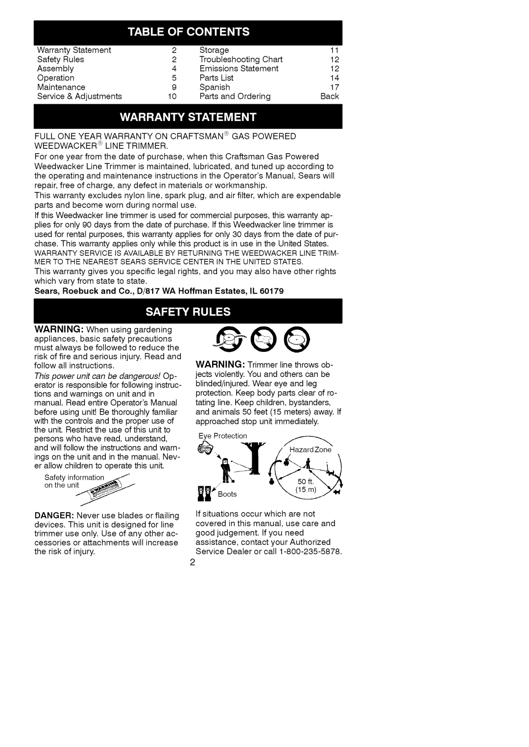 Craftsman 358.79821 manual Sears, Roebuck and Co., D/817 WA Hoffman Estates, IL, This power unit can be dangerous I. Op 