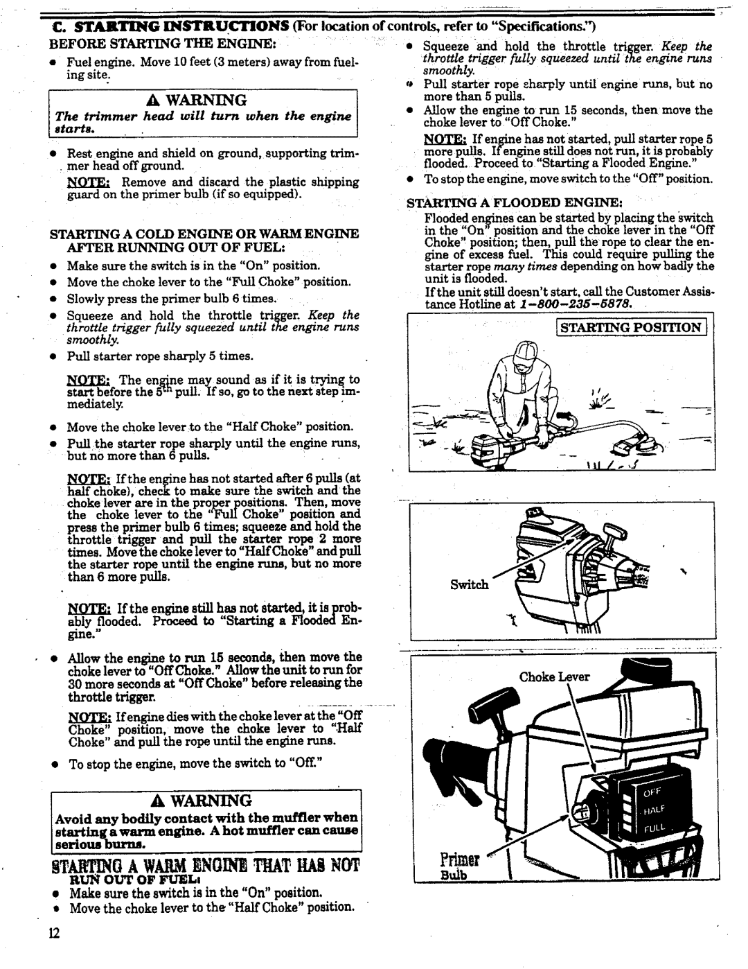 Craftsman 358.798260-32cc ST O a Warmenoinbthathas, STAITINGINSTRUCTIONSFor location, Controls, refer to Specifications 