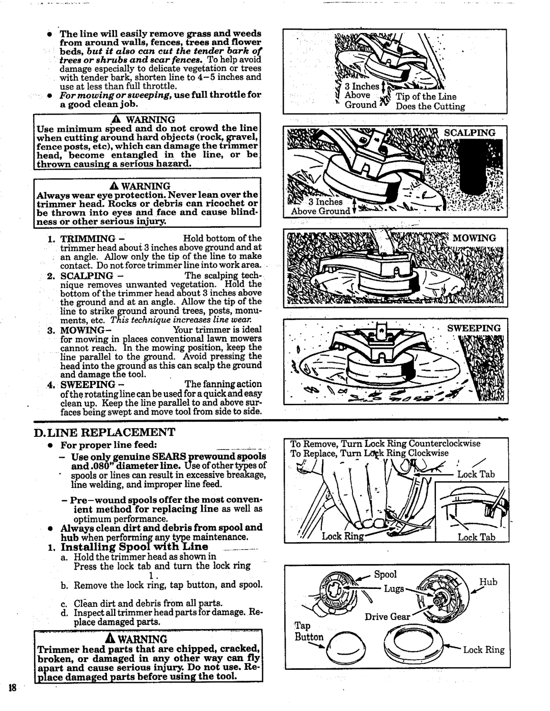 Craftsman 358.798260-32cc manual Line Replacement, Trimming, Scalping, Mowing, Sweeping 