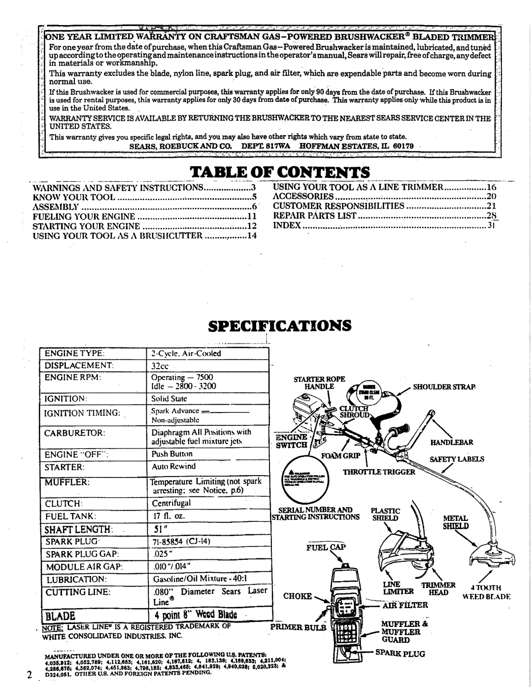 Craftsman 358.798260-32cc manual Contents, Specifications 