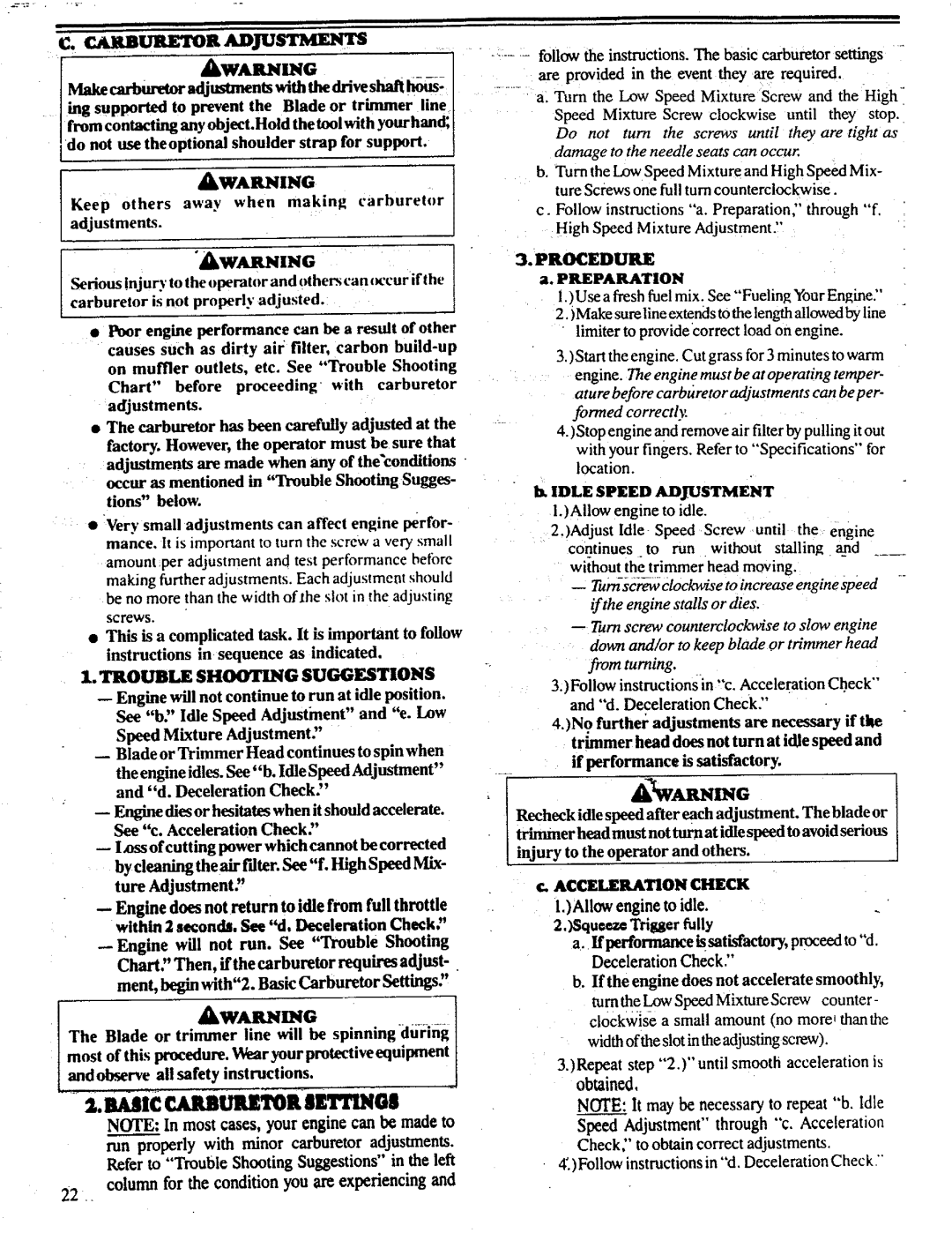 Craftsman 358.798260-32cc manual Trouble Shooting Suggestions, €. Acceleration Check 