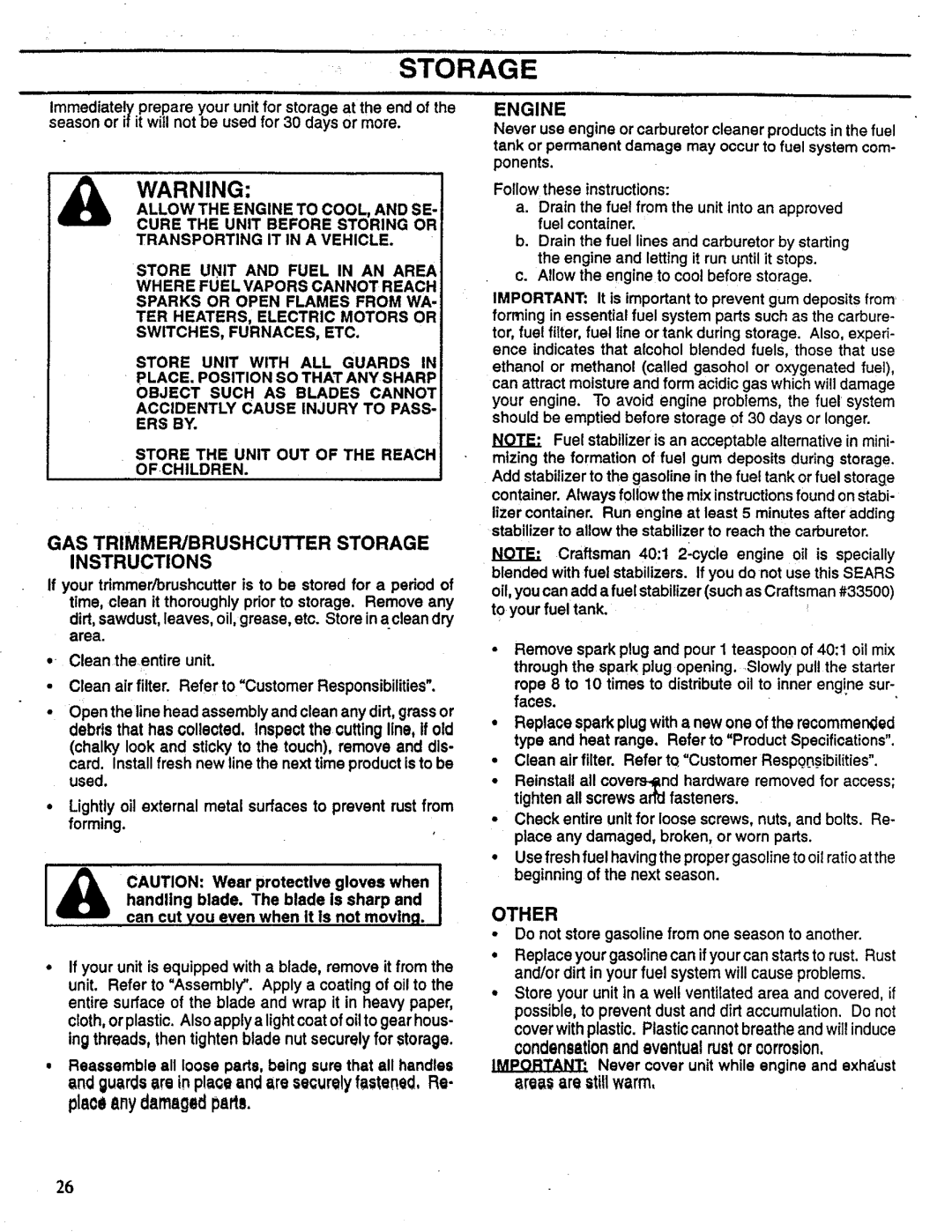 Craftsman 358.798260-32cc manual GAS TRIMMER/BRUSHCUTTER Storage Instructions 