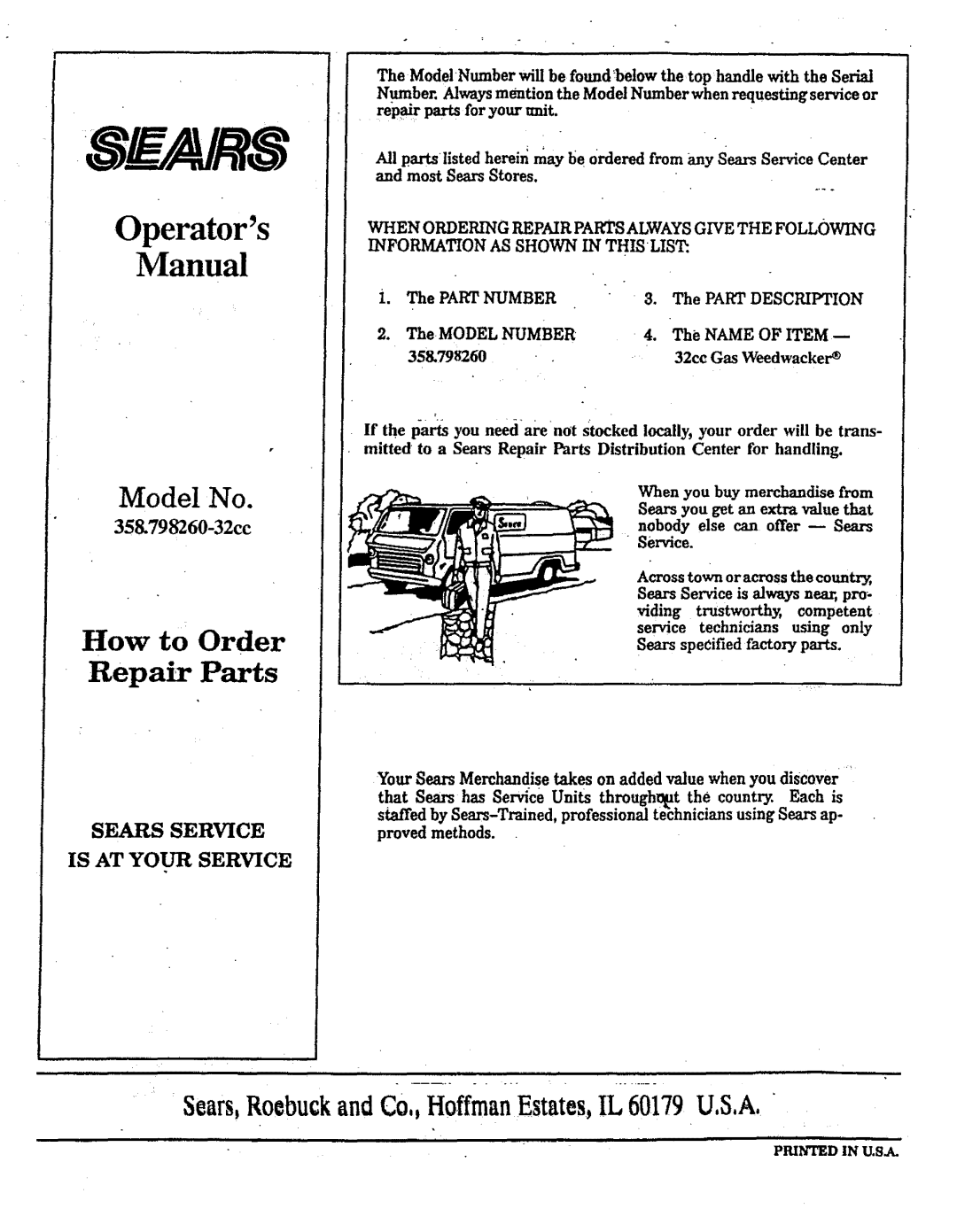 Craftsman 358.798260-32cc manual Operators Manual, 358.798260 32cc Gas Weedwacker 