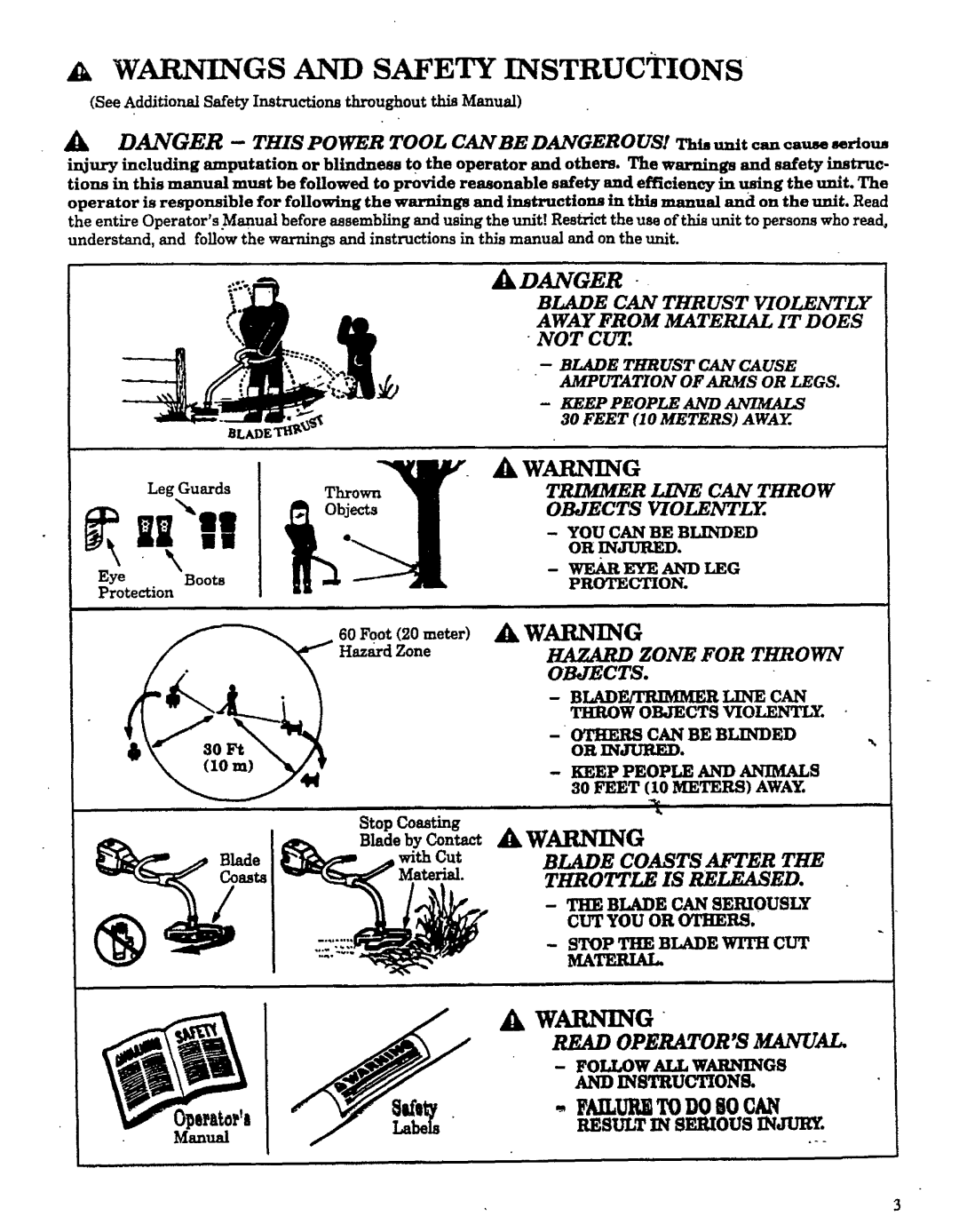 Craftsman 358.798260-32cc manual Thrown, Blade can Seriously, CUT YOU OlOR Others, Instructions 