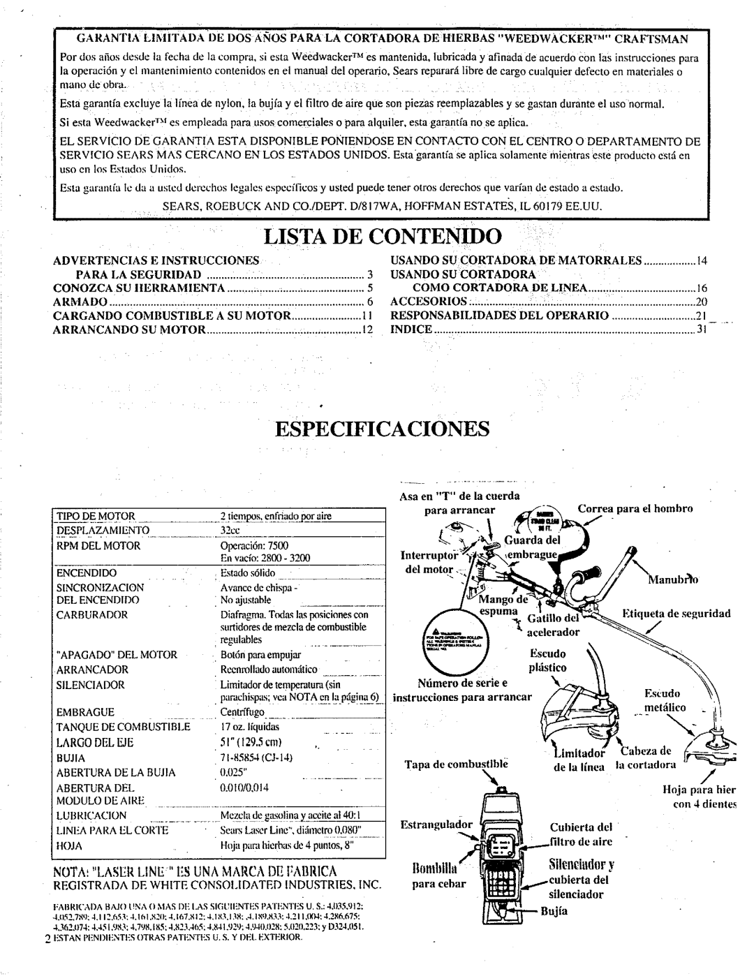 Craftsman 358.798260-32cc Lnterr uptoit,,embrague, NOTAt Laserline ES UNA Marcade FAItRICA, Io81!.niutl0ry, Filtro de airc 