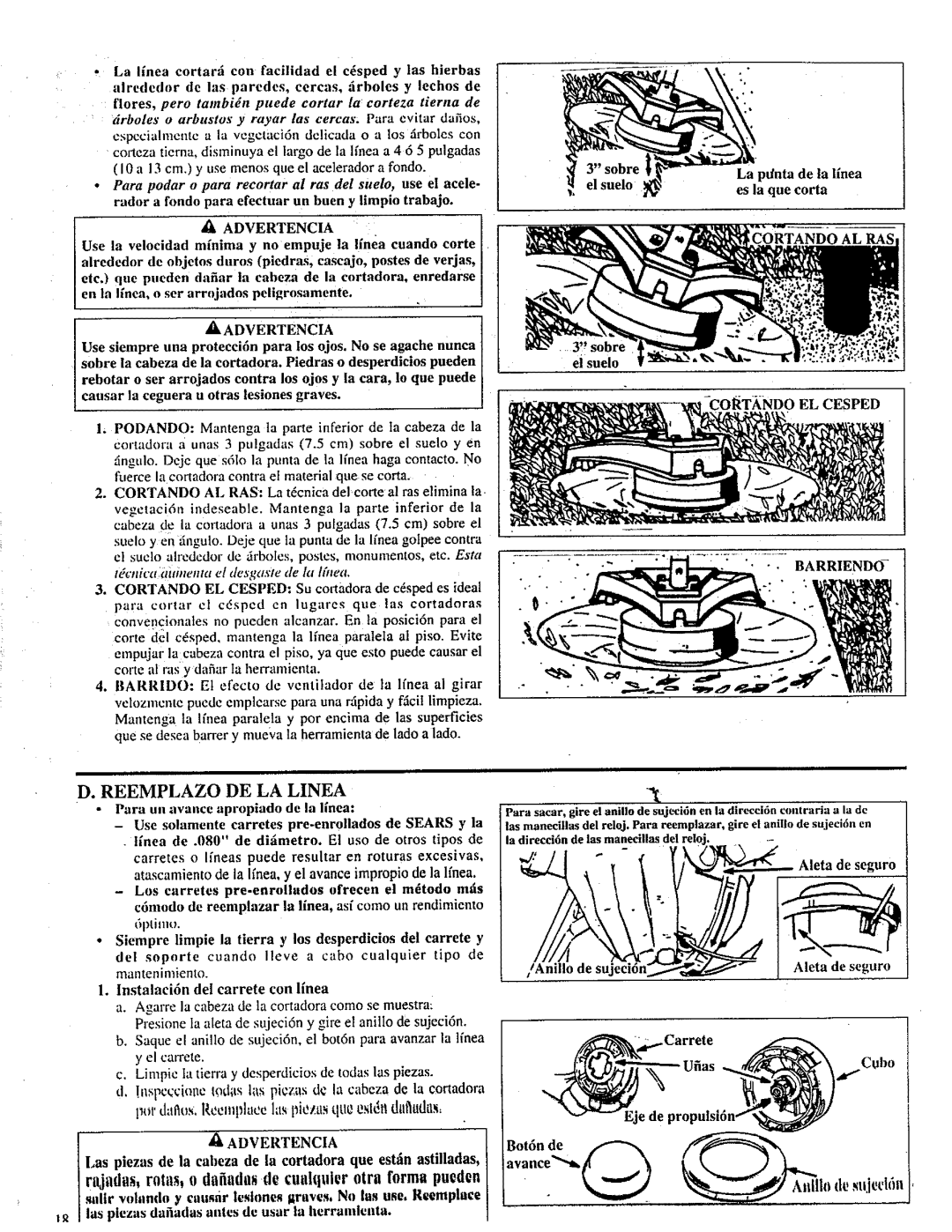 Craftsman 358.798260-32cc Reemplazo DE LA Linea, Sobre Ei suelo La pdnta de ta llnea es la que corta, Aleta de seguro 