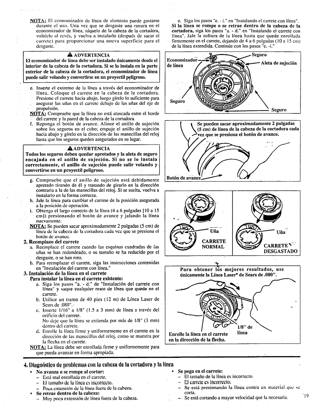 Craftsman 358.798260-32cc manual Iiit!In6 lit, La ortad0n, Seguro, Carrete 