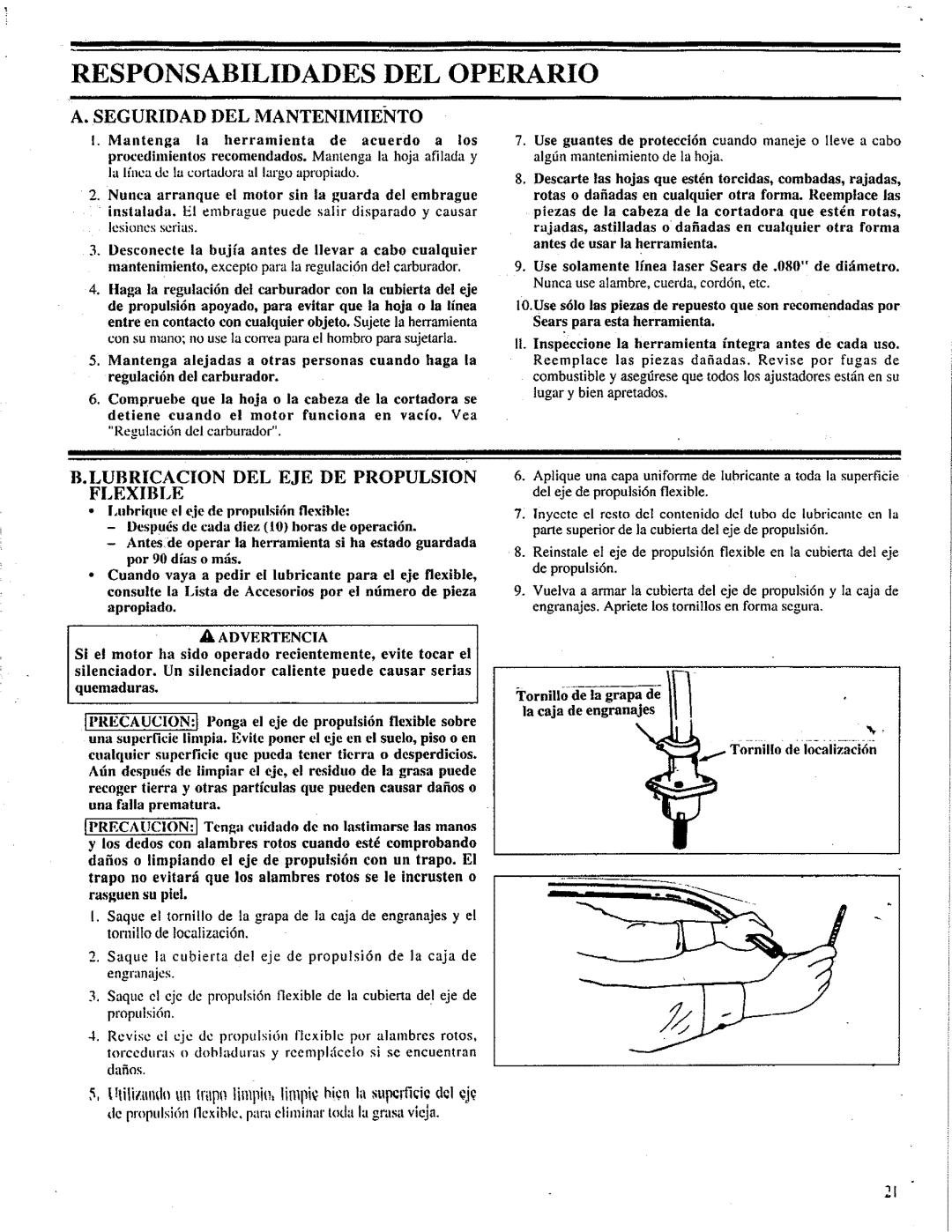 Craftsman 358.798260-32cc manual Responsabilidades DEL Operario, Seguridad DEL Mantenimieto 