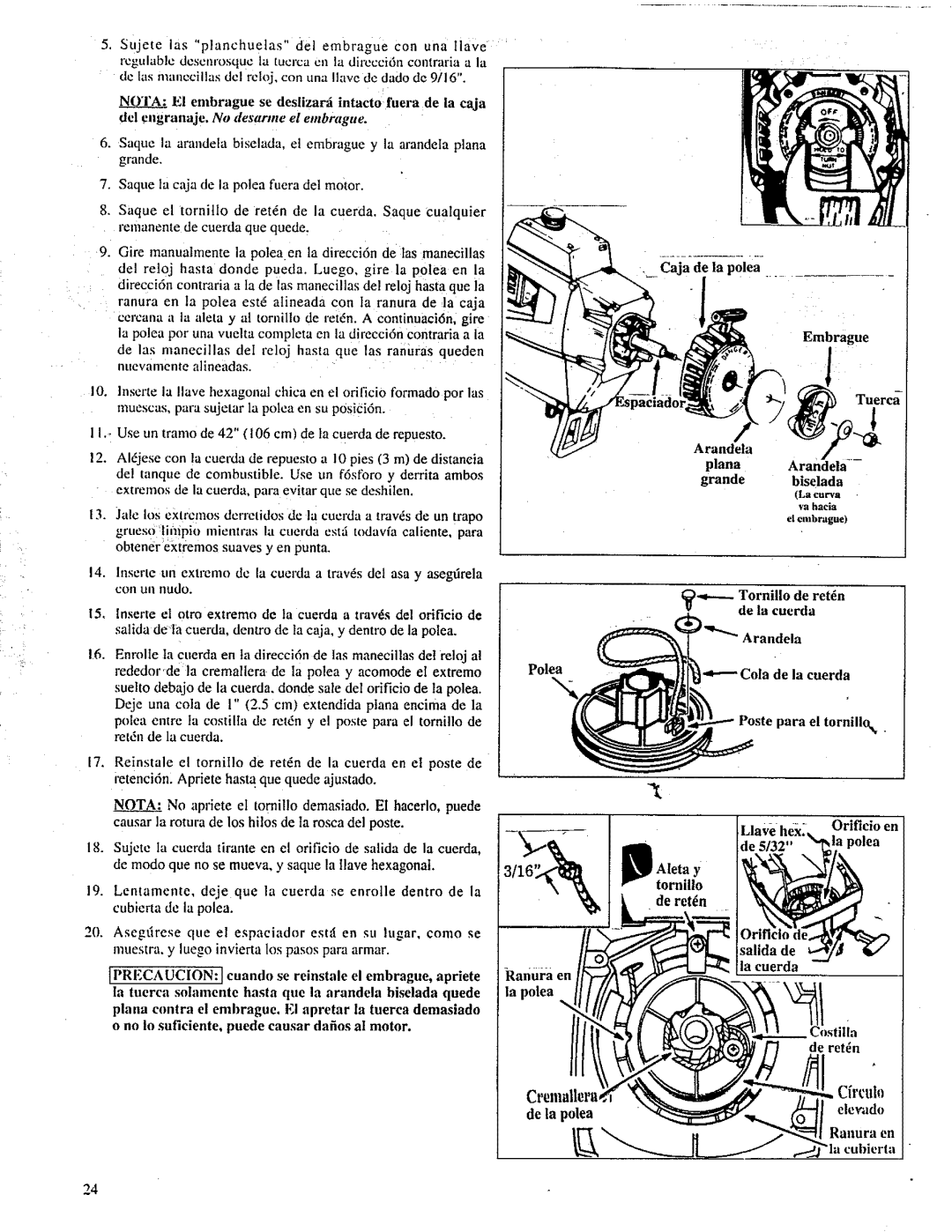 Craftsman 358.798260-32cc manual Cremallera, Cfrcul, Tuerca, De 5/32 la polea, De retch 