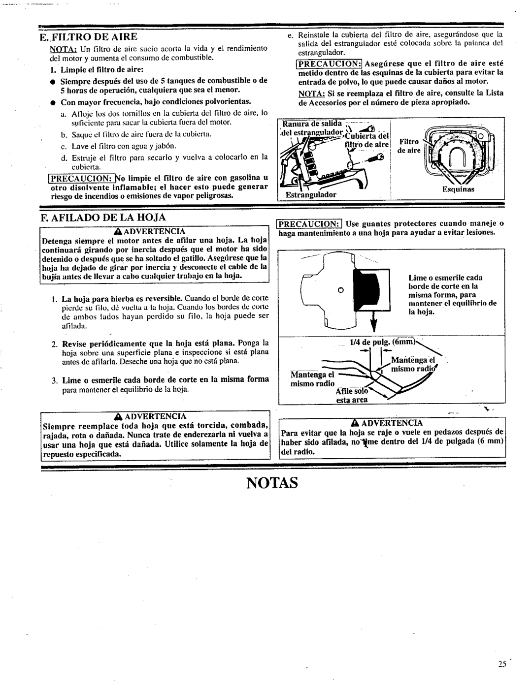 Craftsman 358.798260-32cc manual Filtro DE Aire, Afilado DE LA Hoja, Para mantener el equitibrio de ta hoja 