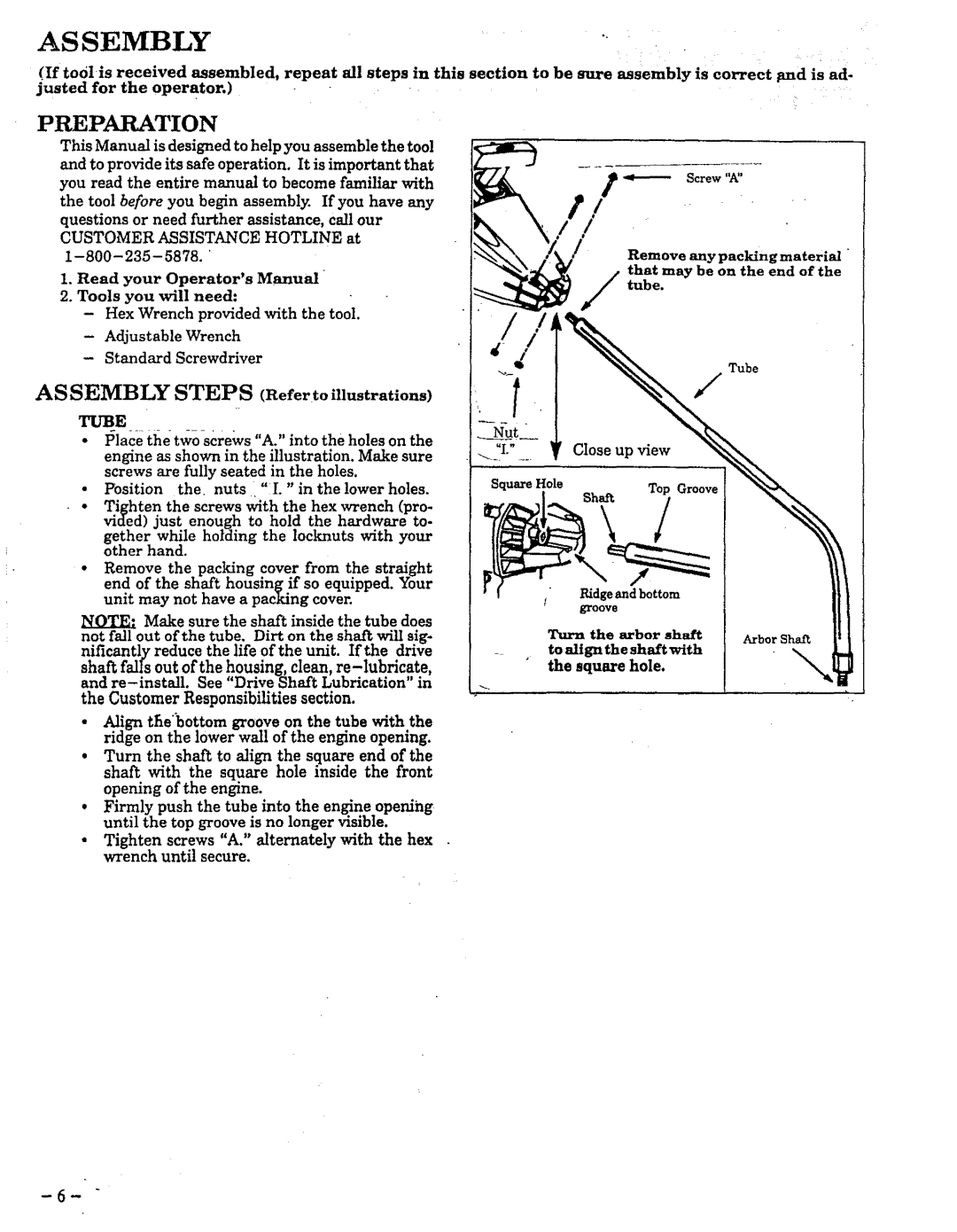 Craftsman 358.798260-32cc manual Customer Responsibilities section, Tube, Ridgeand bottom 