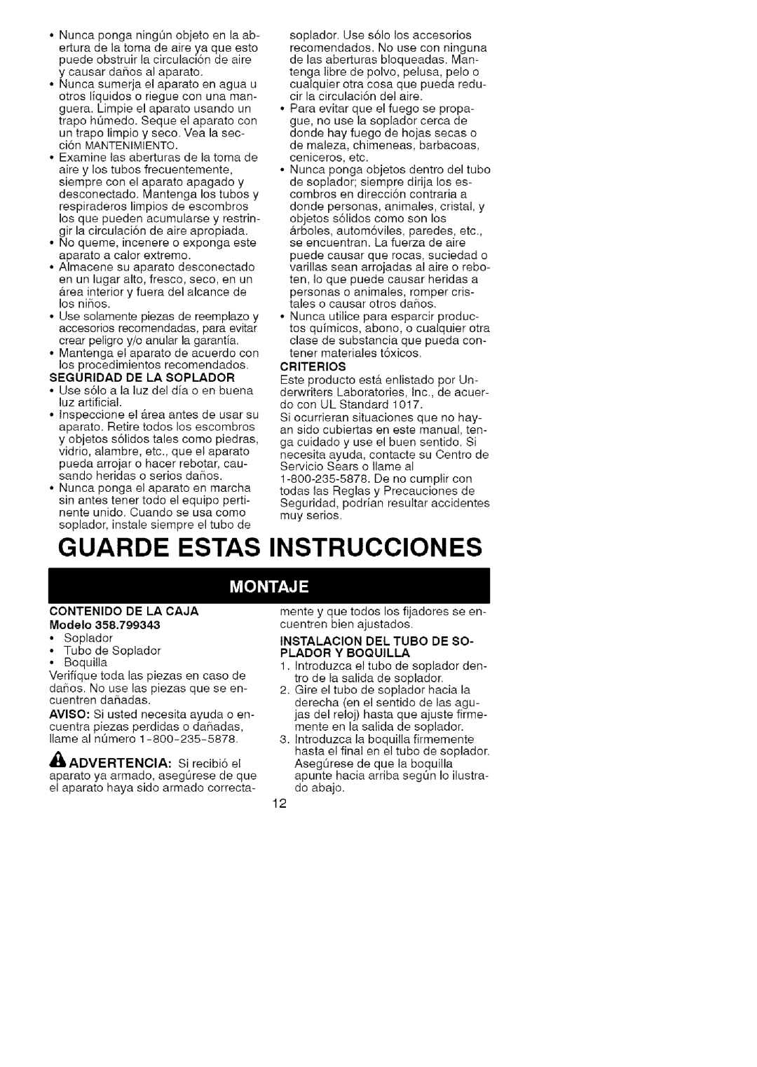 Craftsman 358.799343 operating instructions Seguridad DE LA Soplador, Contenido DE LA Caja, Criterios 