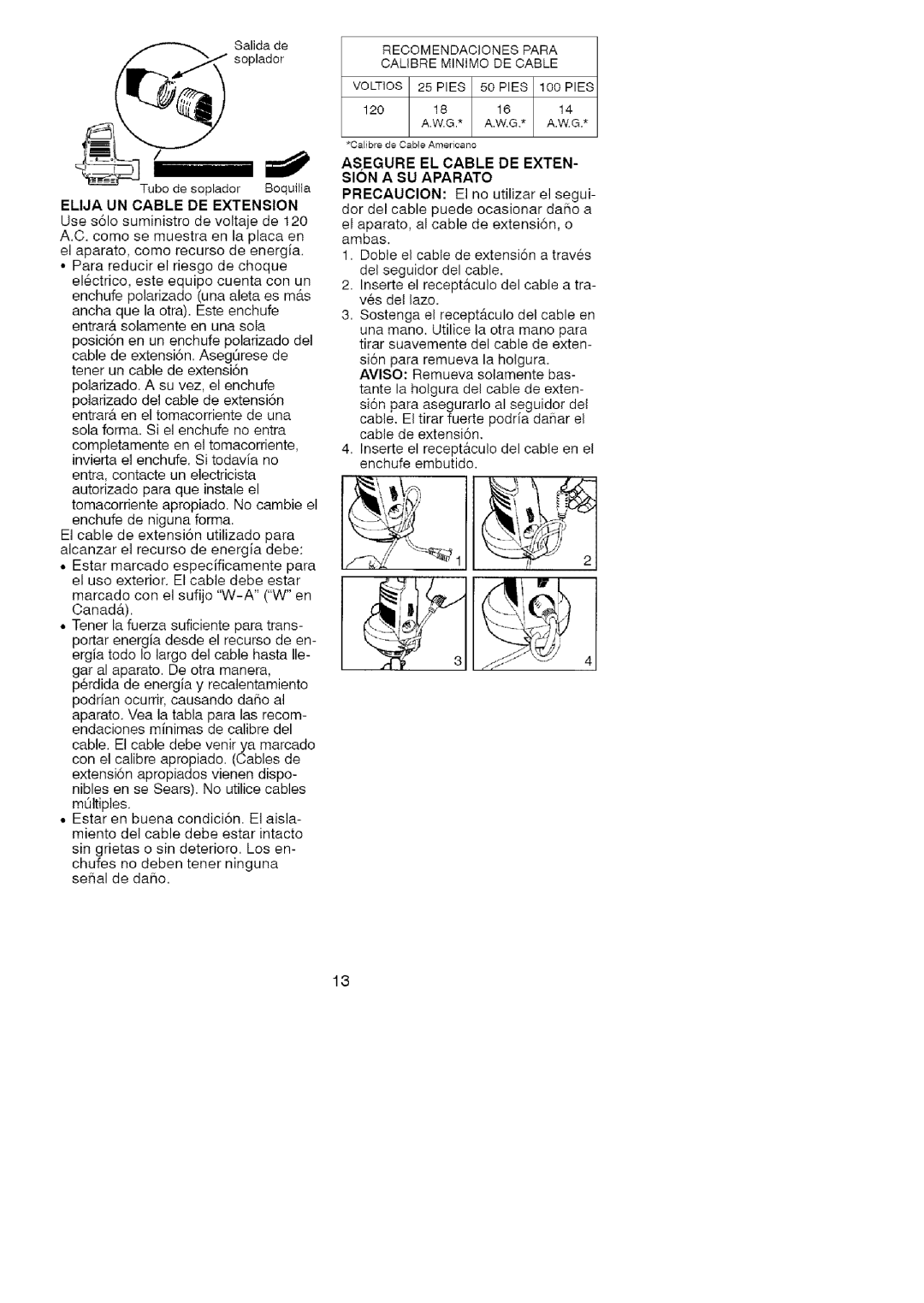 Craftsman 358.799343 operating instructions Recomendaciones Para, Calibre Minimo DE Cable, Elija UN Cable DE Extension 