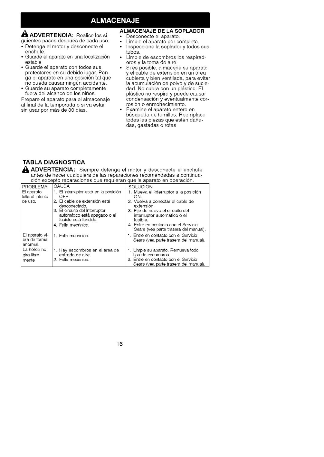 Craftsman 358.799343 operating instructions Almacenaje DE LA Soplador, Tabla Diagnostica 