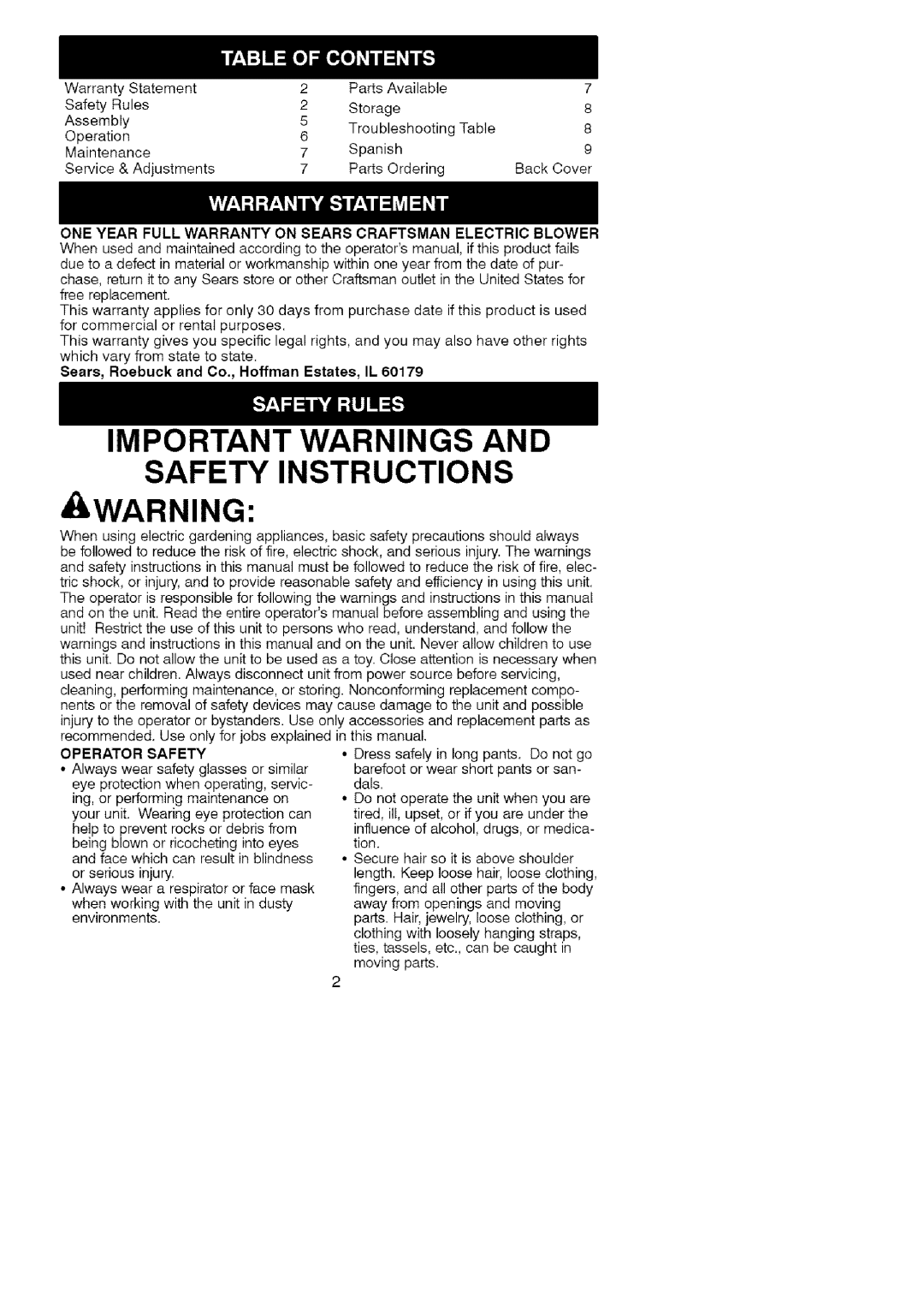 Craftsman 358.799343 operating instructions ONE Year Full Warranty on Sears Craftsman Electric Blower, Operator Safety 