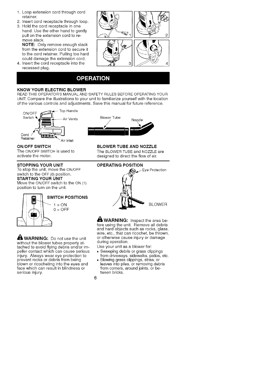 Craftsman 358.799343 Knowyourelectric Blower, ON/OFF Switch, Stopping Your Unit, Starting Your Unit, Operating Position 