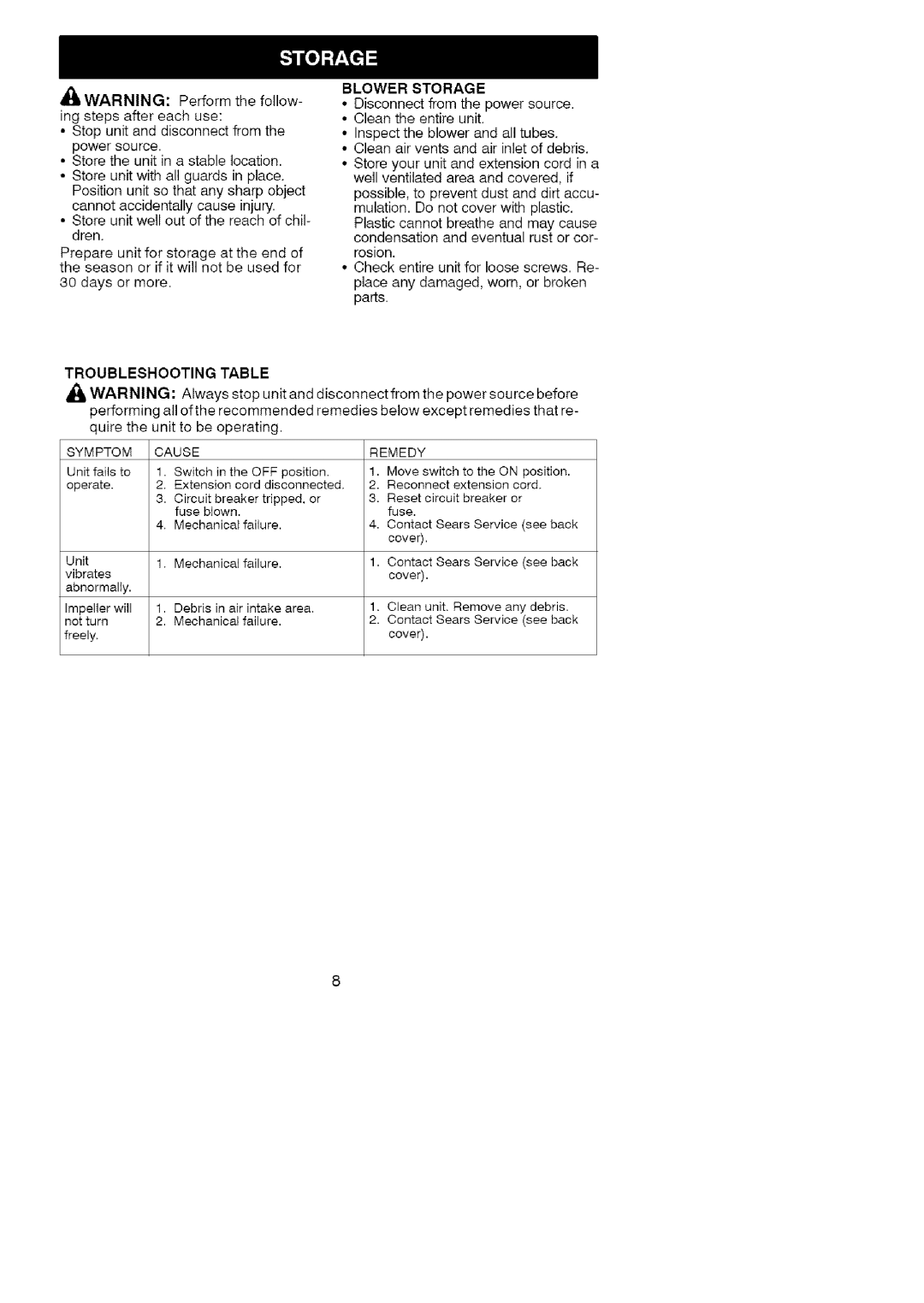 Craftsman 358.799343 operating instructions Blower Storage, Troubleshooting Table 