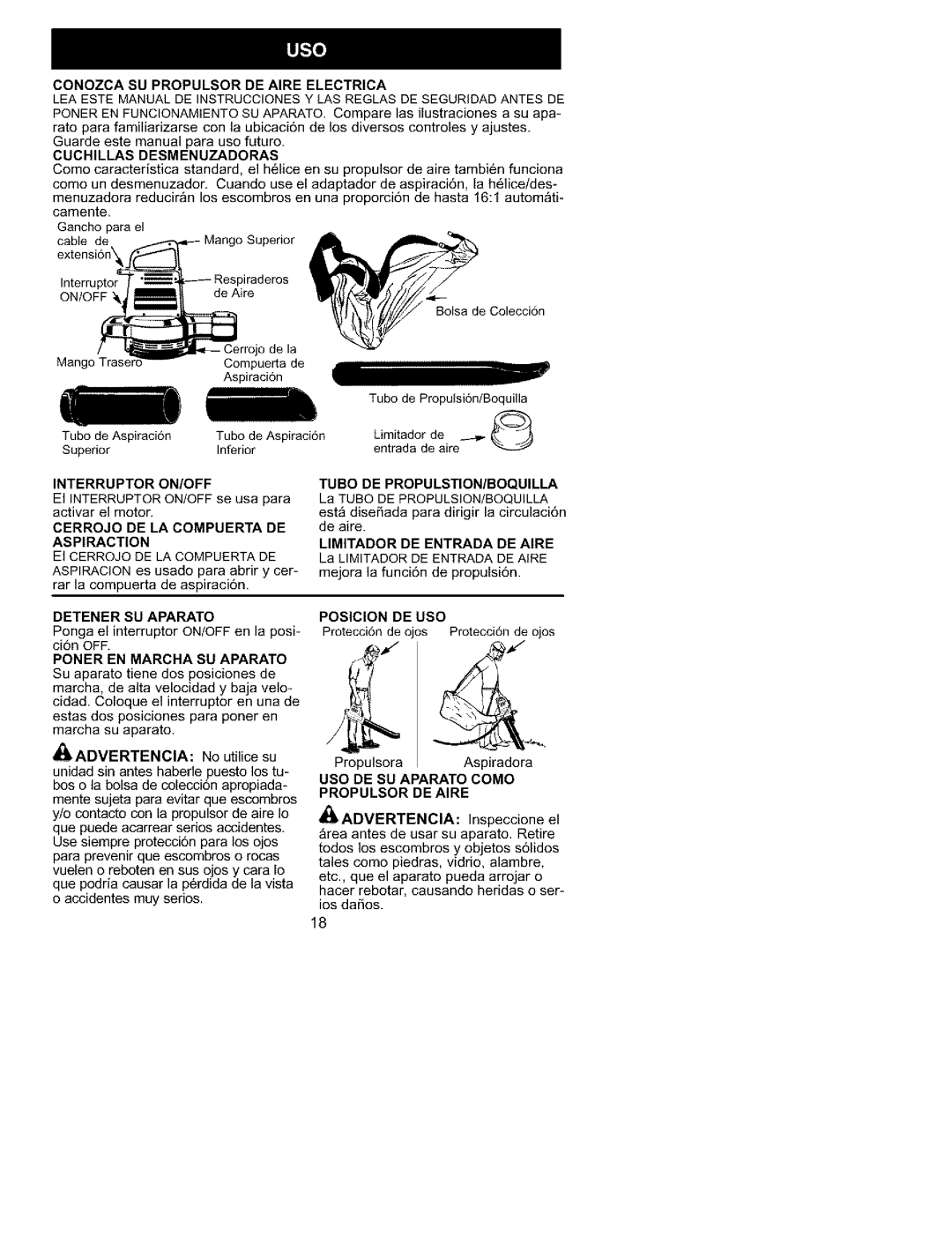 Craftsman 358.799431 Conozca SU Propulsor DE Aire Electrica, Cuchillas Desmenuzadoras, Interruptor ON/OFF, Posicion DE USO 