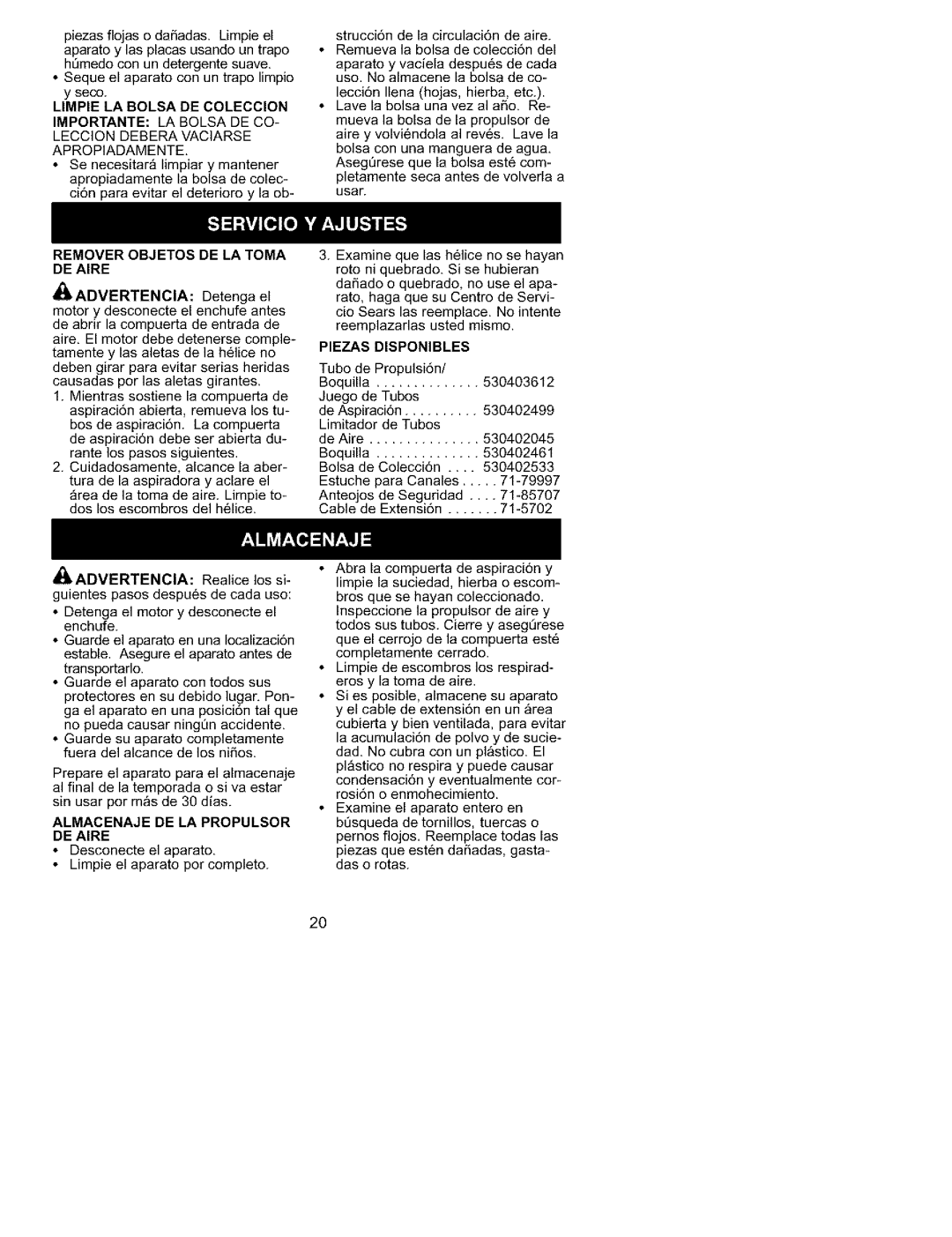 Craftsman 358.799431 manual Remover Objetos DE LA Toma DE Aire, Almacenaje DE LA Propulsor DE Aire, Piezas Disponibles 