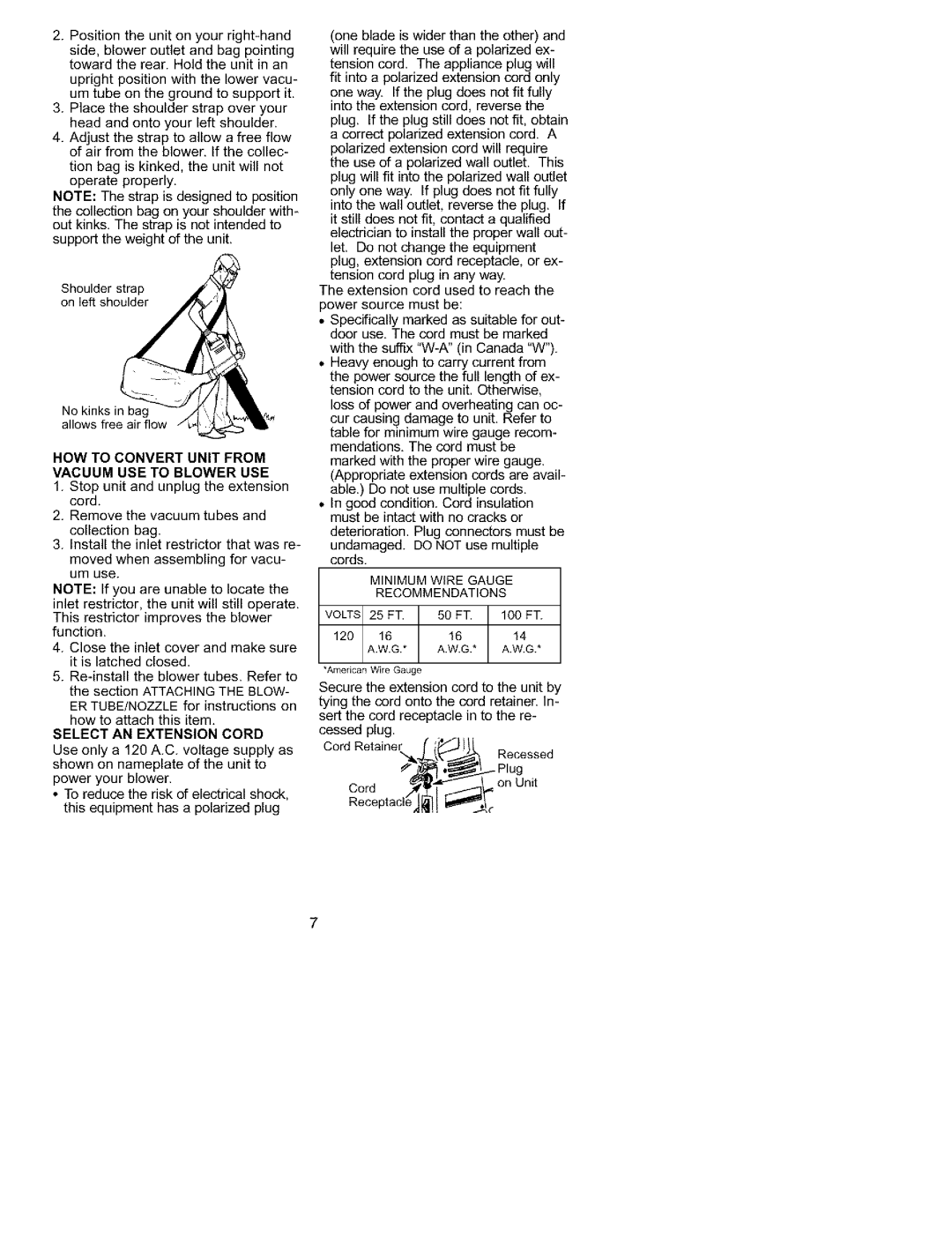 Craftsman 358.799431 manual HOW to Convert Unit from Vacuum USE to Blower USE, Select AN Extension Cord, Volts 25 FT 