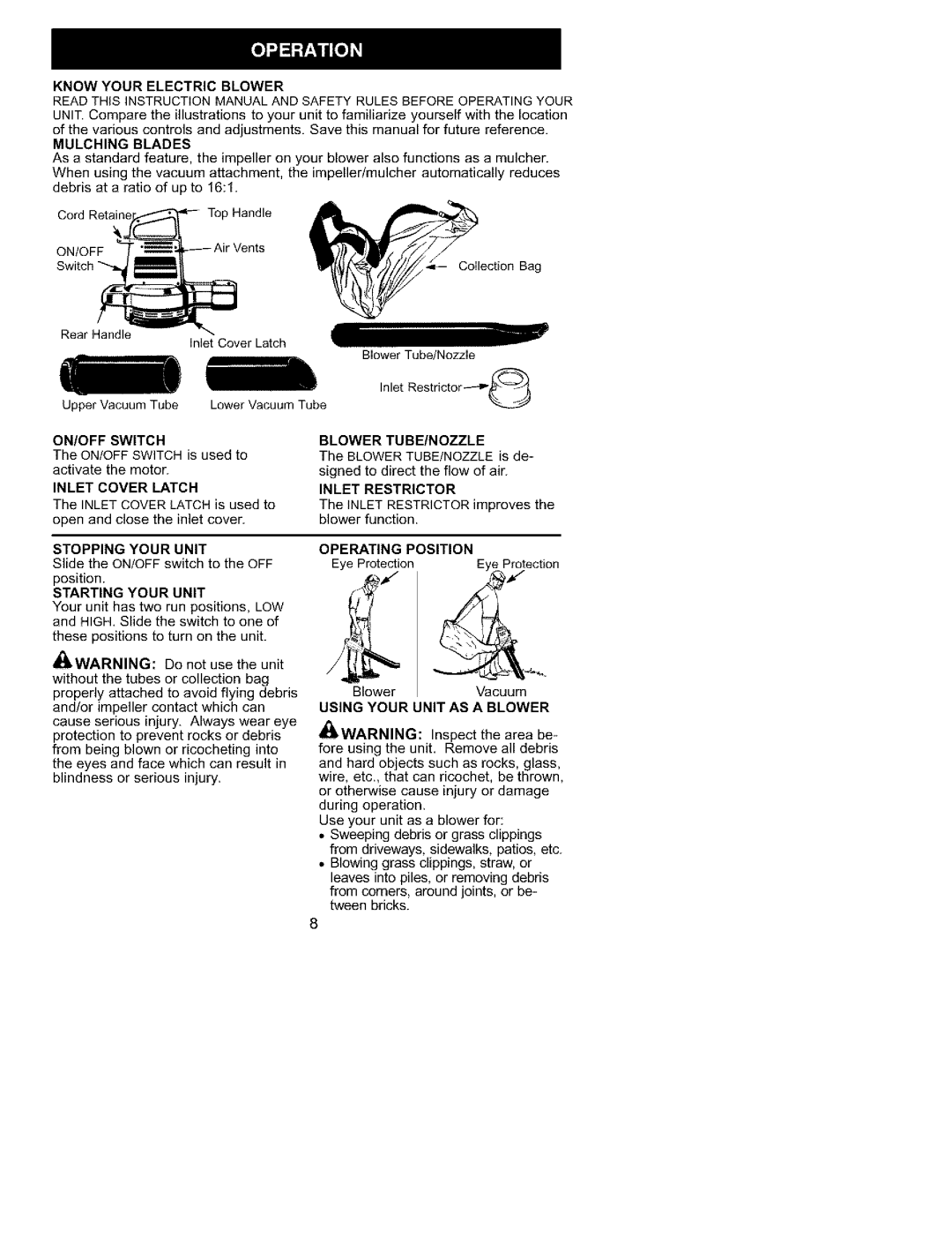 Craftsman 358.799431 Know Your Electric Blower Mulching Blades, ON/OFF Switch, Stopping Your Unit, Blower TUBE/NOZZLE 