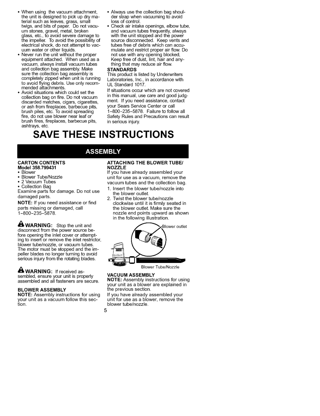 Craftsman 358.799431 manual Save These Instructions, Standards, CARTON CONTENTS Model, Attaching The Blower Tube/ Nozzle 