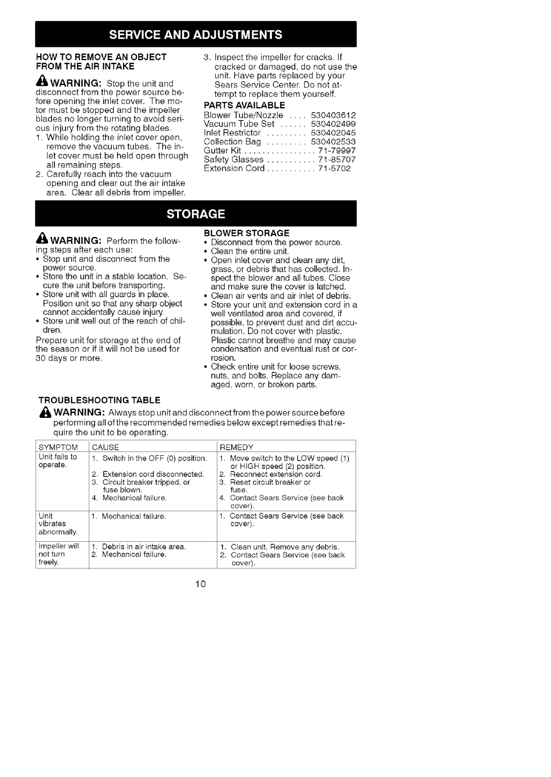 Craftsman 358.799432 manual HOW to Remove AN Object from the AIR Intake, Troubleshooting Table, Parts, Blower Storage 