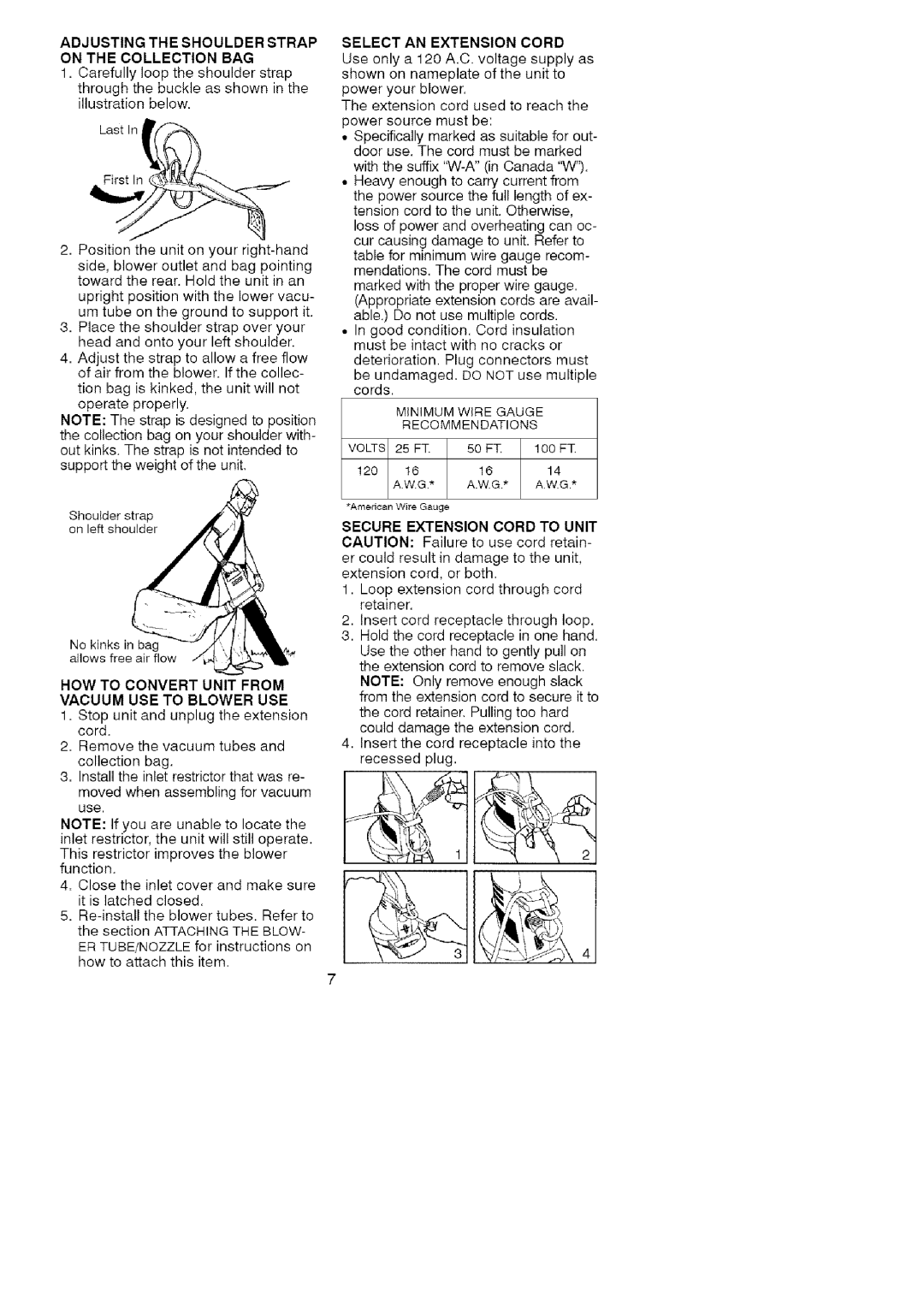 Craftsman 358.799432 manual Adjusting the Shoulder Strap, On the Collection BAG, Select AN Extension Cord 