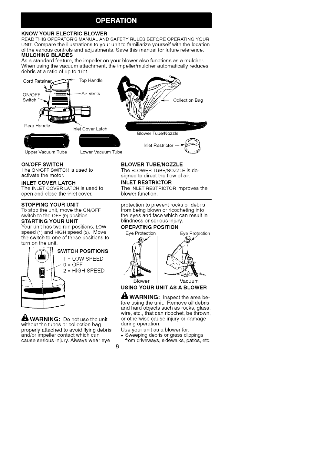 Craftsman 358.799432 Knowyourelectric Blower, Mulching Blades, Inlet Cover Latch, Stopping Your Unit, Starting Your Unit 