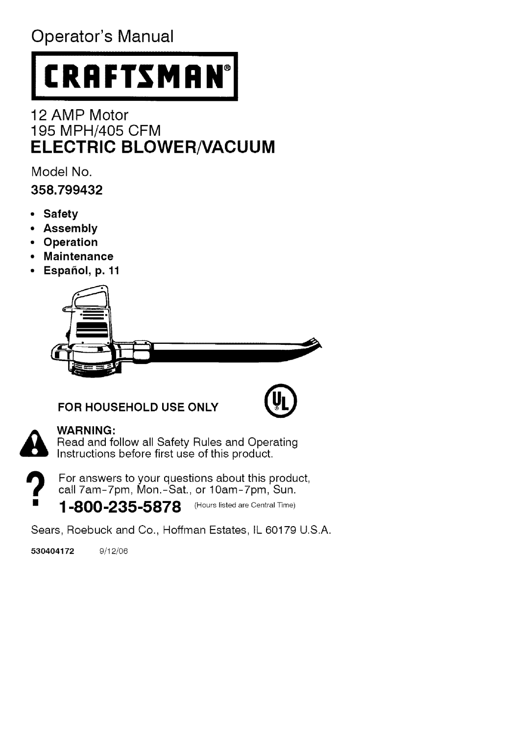 Craftsman 358.799432 manual ICRRFT$1VlRNI, Operators Manual, Electric Blowernacuum, Safety Assembly Operation Maintenance 